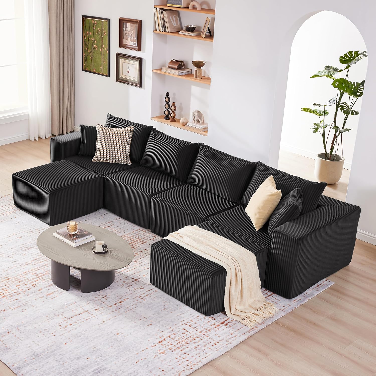 Weture 135.4' Cloud Couch Sectional, Modular Sectional Sofa with Deep Seat, Plush Corduroy U Shaped Boneless Couch, Convertible Sectional Couches for Living Room, 6Seat, Black