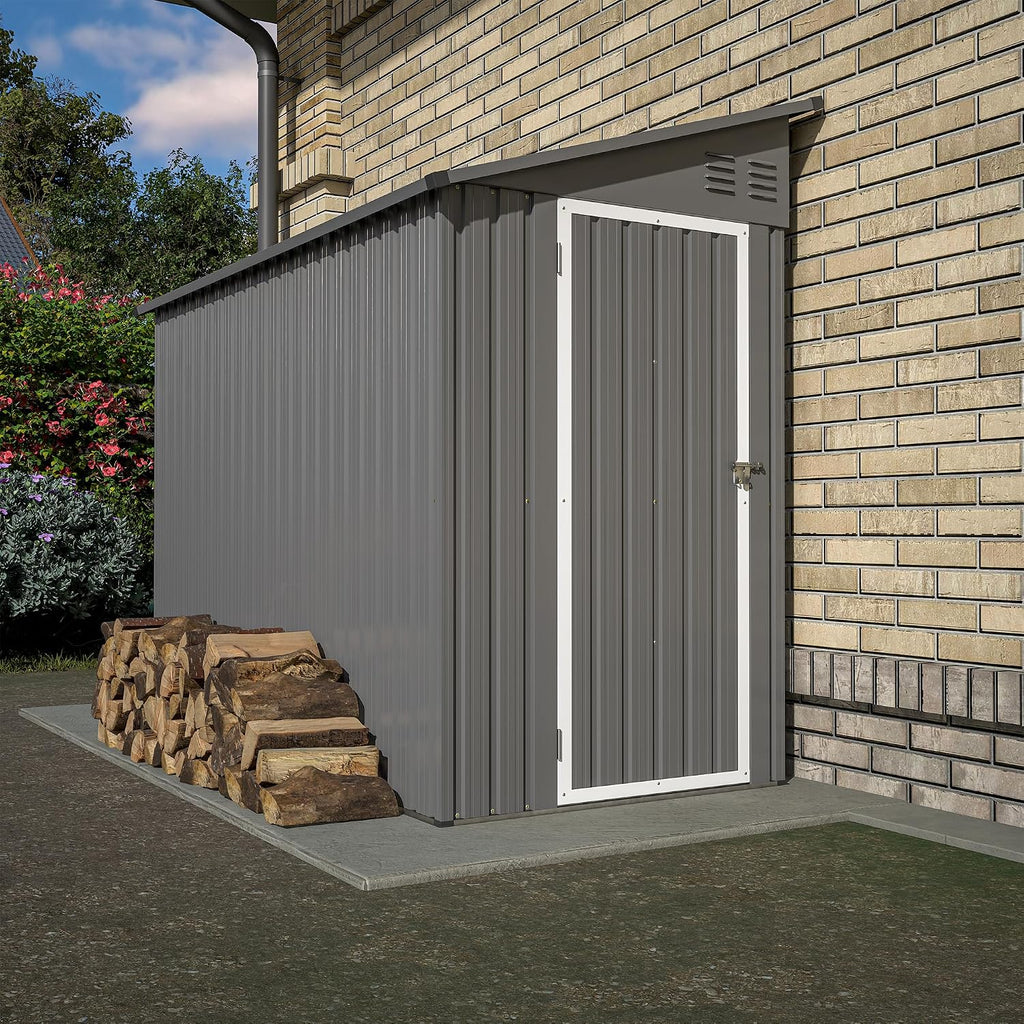 YOPTO 4×8 FT Lean to Metal Shed,Outdoor Heavy-Duty Storage Shed with Floor Base,All Weather Waterproof Garden Tool House W/Lockable Door&2 Air Vents,Reversible Door Design,for Backyard,Patio,Lawn,Gray