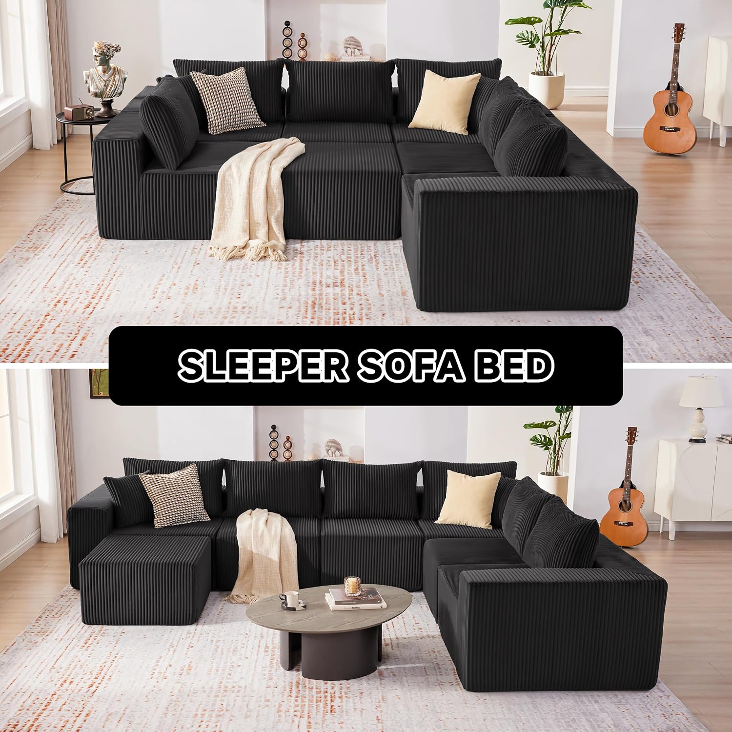 Cloud Couch Sectional, Modular Sofa with Deep Seat, Convertible Sectional Couches for Living Room, Plush Corduroy U Shaped Boneless Couch (Black, 6 Seater & 1 Ottoman)