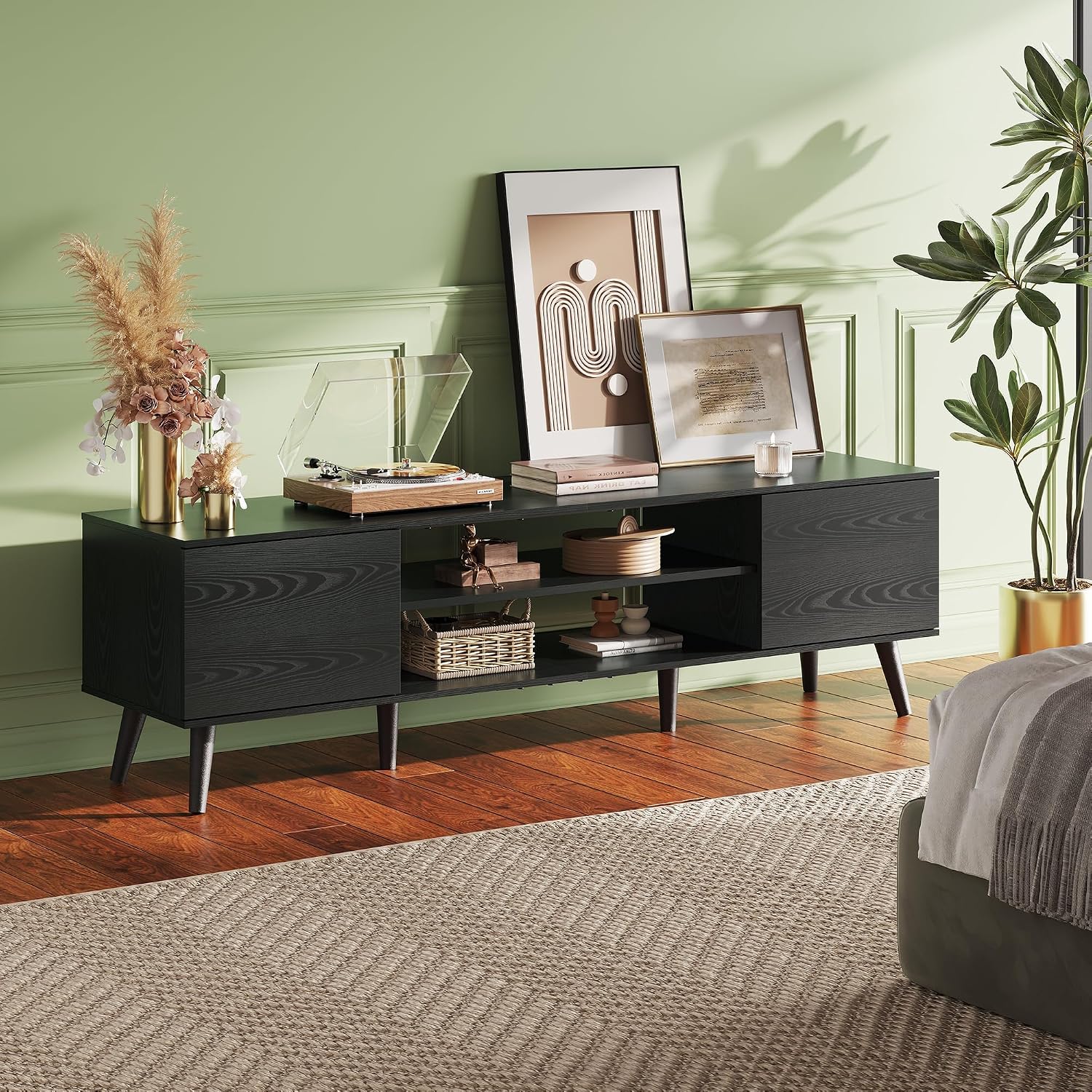 WLIVE Mid-Century Modern TV Stand for 65 70 Inch TV, Entertainment Center with Storage, Adjustable Shelves & Soft-Close, Media TV Console for Living Room/Bedroom, Black