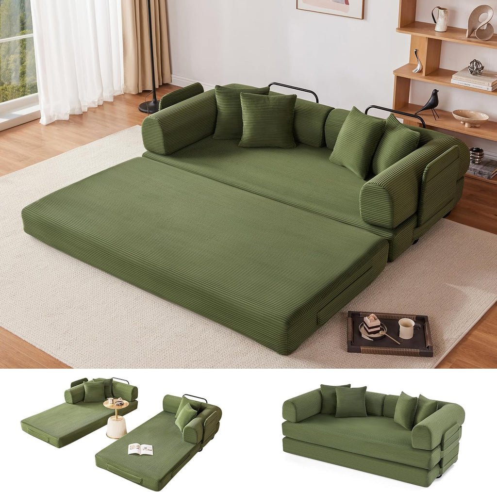 78 Inch Corduroy Convertible Sleeper Sofa Bed, 4-in-1 Oversized Futon Boneless Couches for Living Room with Fixed-Shape Frame, Loveseat Sleeper with Pull Out Bed, No Assembly, Olive Green