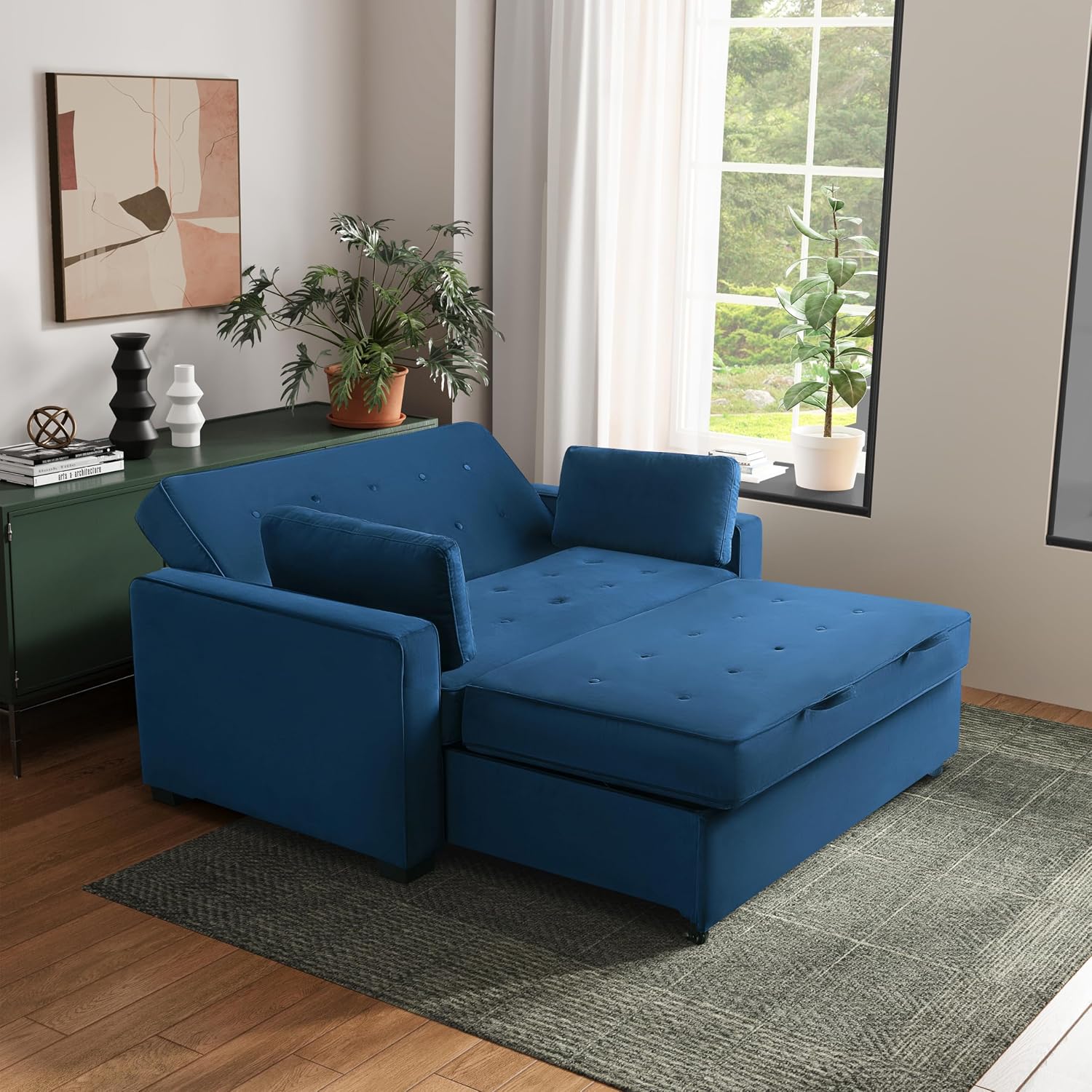 Serta Ainsley 66.5' Convertible Sleeper Loveseat, Full Size, Dreamcoil Comfort, Soft Velvet Fabric, Navy