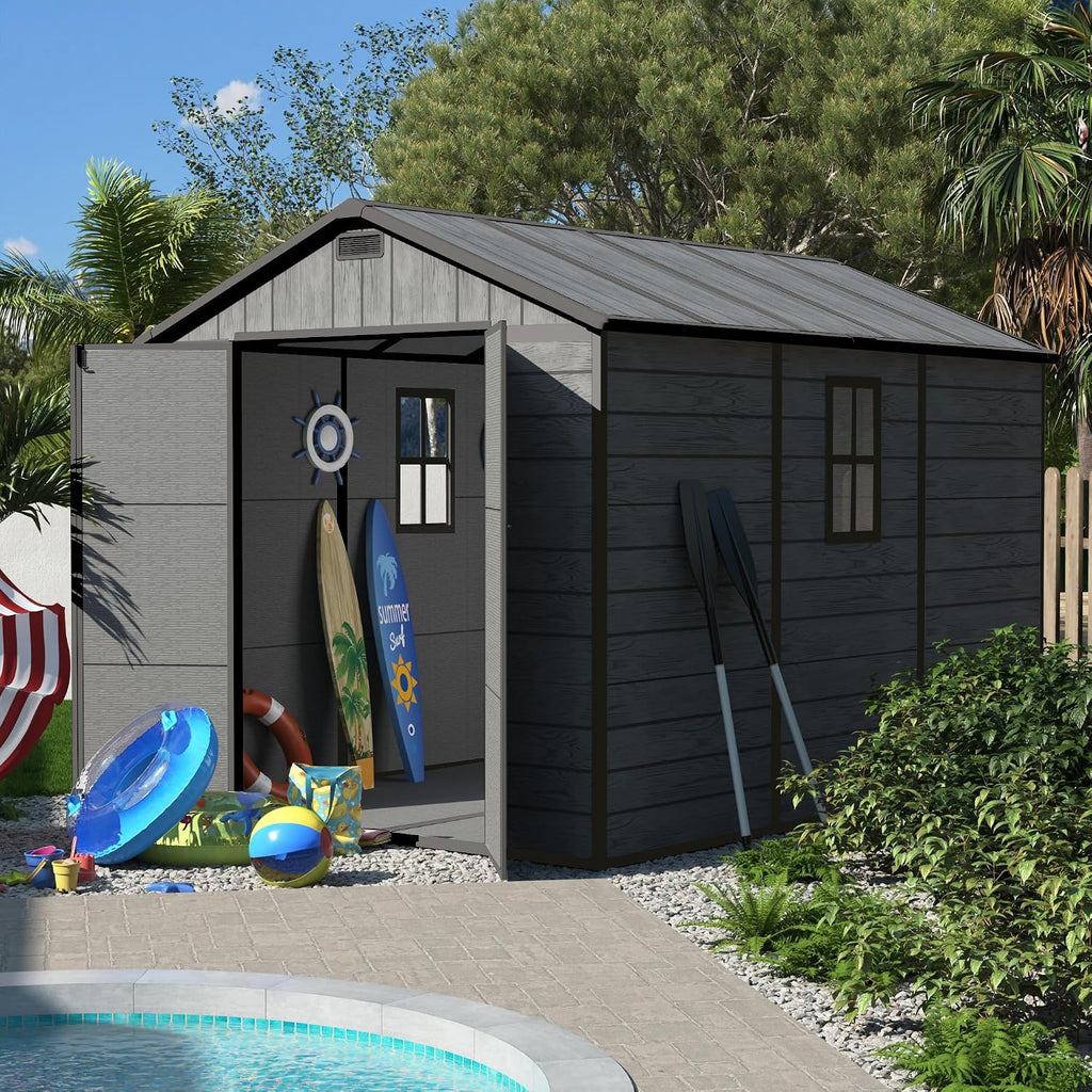 UDPATIO Resin Storage Shed 7.5x10.7 FT, Outdor Plastic Shed for Garden Tools Pool Equipment, Outside Sheds with Lockable Door for Backyard, Patio, Lawn, Dark Grey