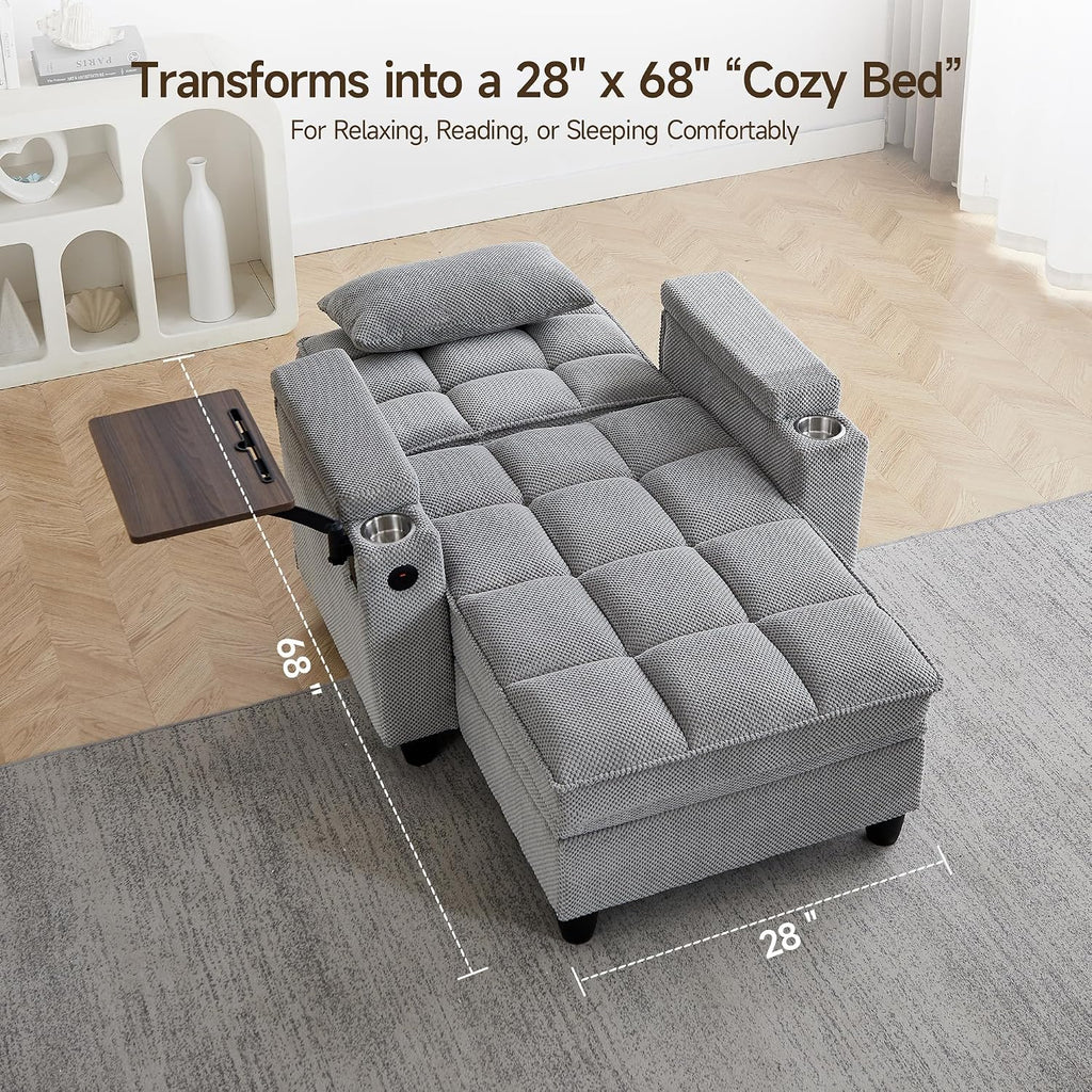 41.7' Oversized Chaise Lounge Chair Indoor, Boucle Upholstered Sofa Bed with Adjustable Backrest, Deep Seat Reading Chair, Sofas Couches for Living Room, Storage, Cup Holders & 360° Swivel Side Table
