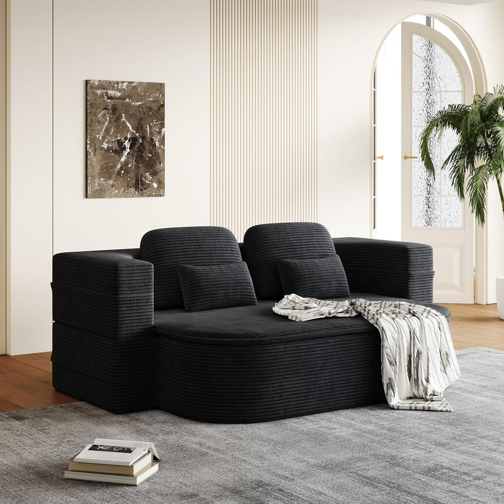 Convertible Folding Futon Sofa Bed, 2-in-1 Corduroy Love seat Sleeper Sofa with Functional Blanket, Foldable Full Size Guest Couch Bed with 4 Soft Pillows for Living Room (Black)