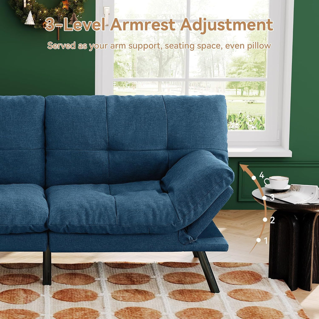 Convertible Futon Sofa Bed,71' Modern Fabric Futon Couch with Adjustable Backrest&Armrest,Small Loveseat Sleeper Sofa,Dorm Futonsofa for Apartment,Living Room,Detachable Cushions,Navy Blue