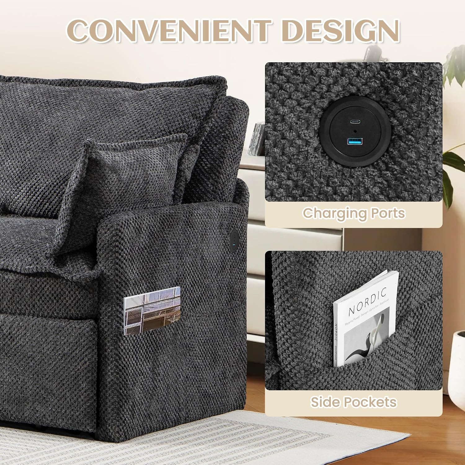 SUNWAVE 74' King Pull Out Sofa Bed -Convertible Sleeper Sofa Bed, Corduroy Pull Out Couch with USB Charging,Side Pockets for Living Room,Bedroom,Small Spaces(Charcoal, 74') | Stay Charging w/ USB, Loveseat by day, Sleeper by night, Space Saving