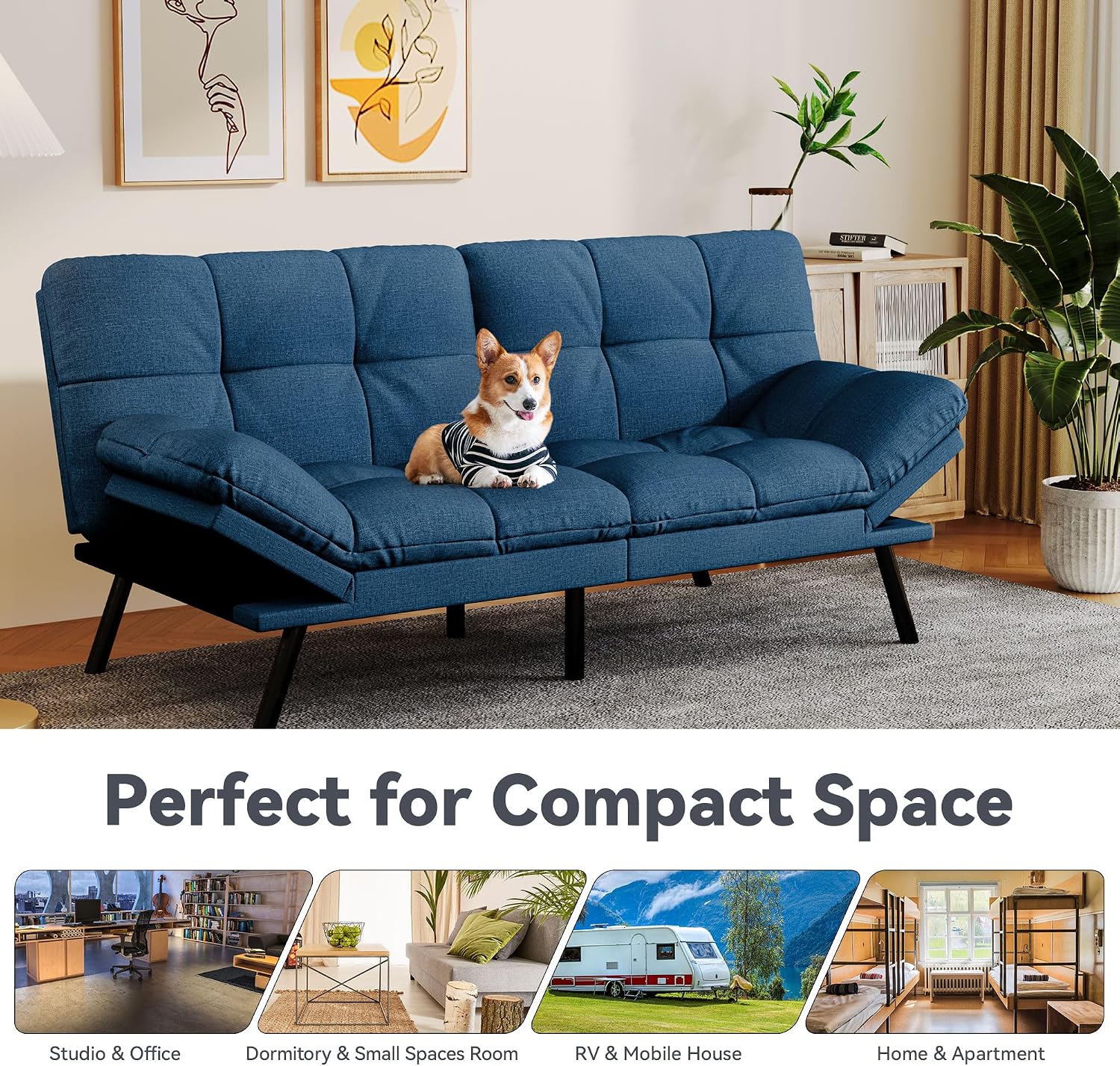 Convertible Futon Sofa Bed,Linen Futon Couch with Detachable Cushion,Adjustable Backrest & Armrest,Modern Small Loveseat Sleeper Recliner for Living Room,Office,Apartment,Blue