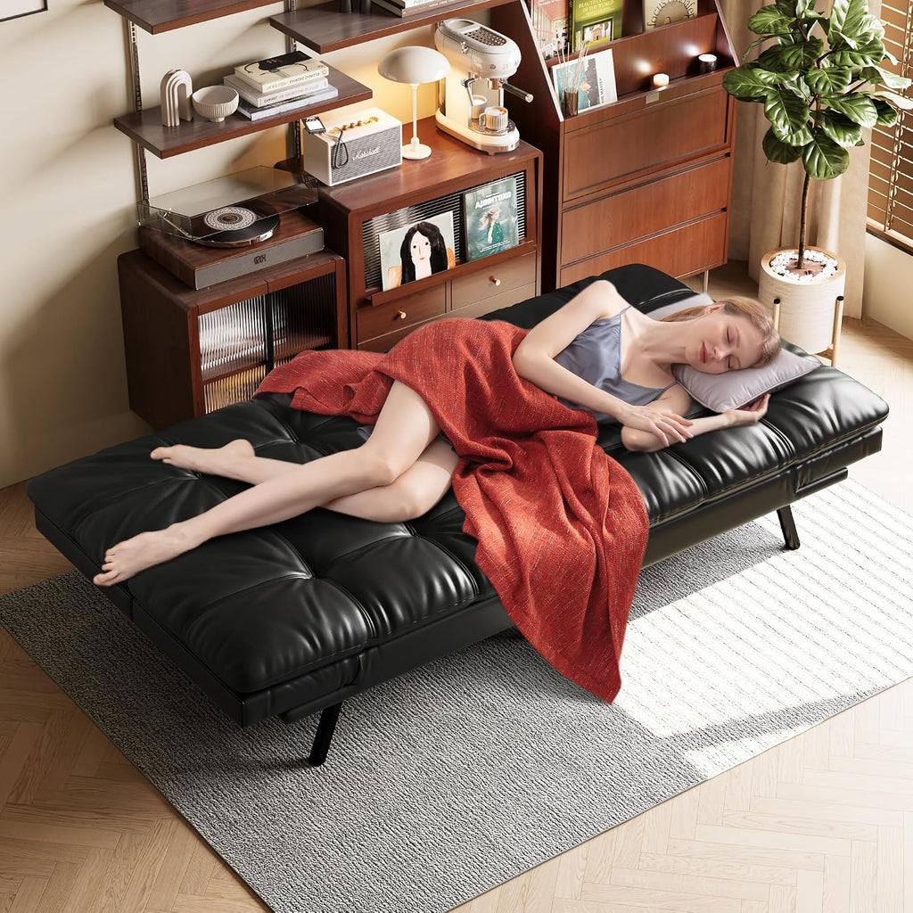 Opoiar 71' L Covertible Futon Sofa Bed,Faux Leather Futon Couch, Memory Foam Modern Loveseat Sleeper, Small Splitback Sofa Couches for Living Room,RV,Home Office,Apartment,Black