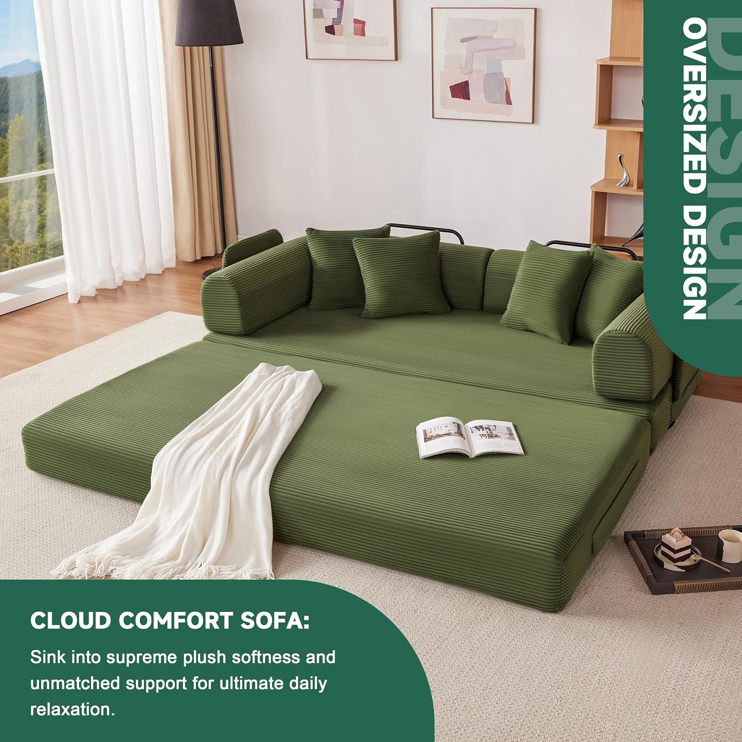 78 Inch Corduroy Convertible Sleeper Sofa Bed, 4-in-1 Oversized Futon Boneless Couches for Living Room with Fixed-Shape Frame, Loveseat Sleeper with Pull Out Bed, No Assembly, Olive Green