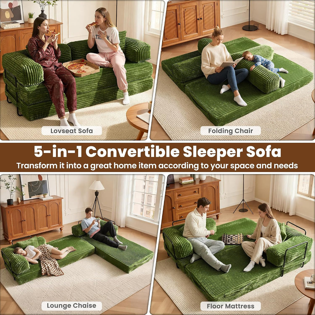 ovios 81' Folding Sofa Bed, Foldable Sleeper Boneless Couch with Pull Out Beds, Modular Convertible Floor Futon Loveseat Lounger for Living Room (Faux Fur, Green)