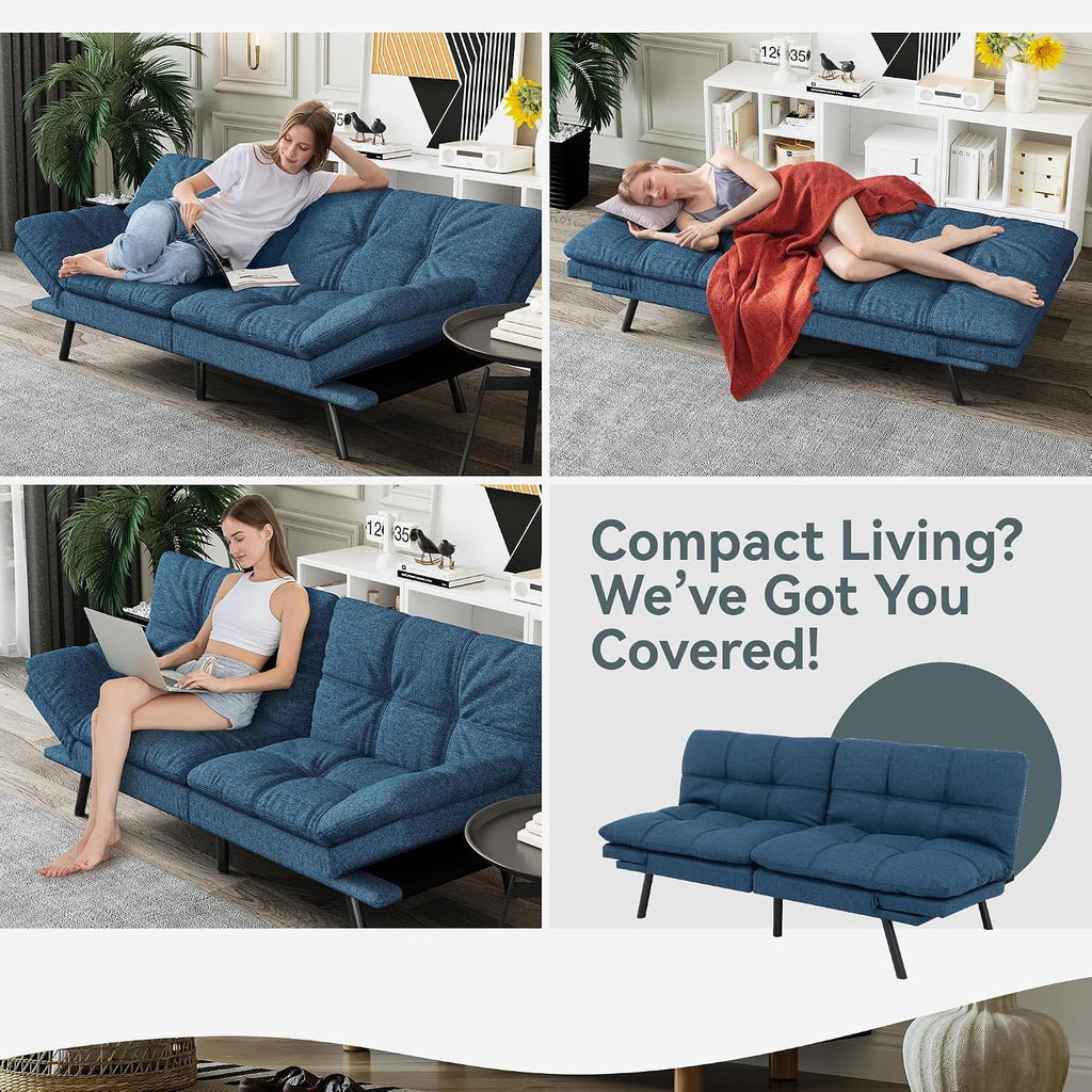 Futon Sofa Bed Convertible Couch, Blue Linen Sofa Bed with Memory Foam, Adjustable Backrest & Armrests, Multifunctional Small Loveseat Sleeper Sofa for Living Room, Apartment, Office