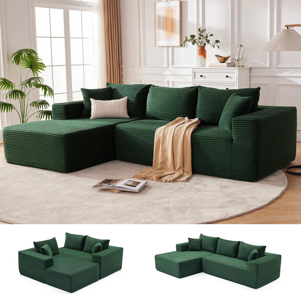 Mangodan 110' Cloud Sectional Couch, Modular Sectional Sofa for Living Room, Boneless Sofa with Deep Seat, Comfy Fluffy Couch with L-Shaped Chaise, No Assembly Required (Left-Facing Chaise, Green)