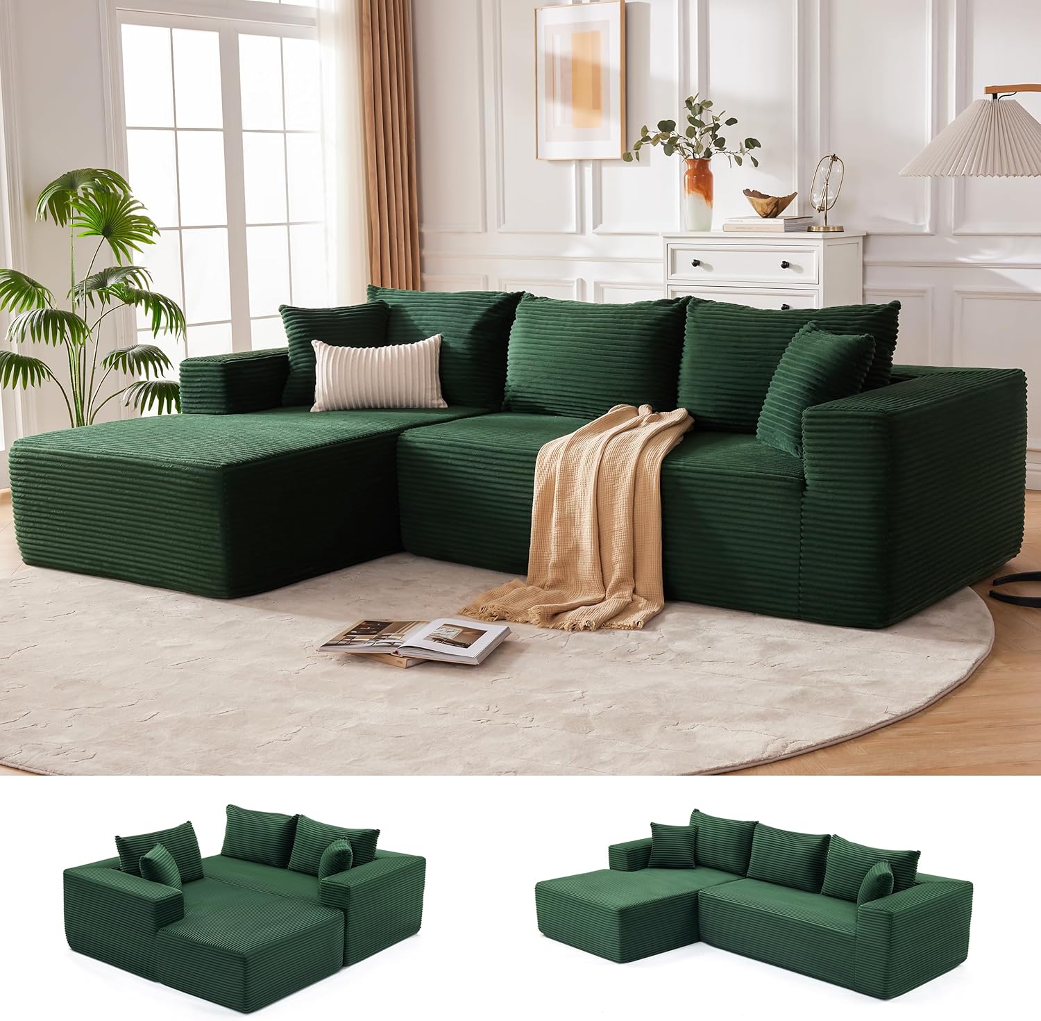 Mangodan 110' Cloud Sectional Couch, Modular Sectional Sofa for Living Room, Boneless Sofa with Deep Seat, Comfy Fluffy Couch with L-Shaped Chaise, No Assembly Required (Left-Facing Chaise, Green)