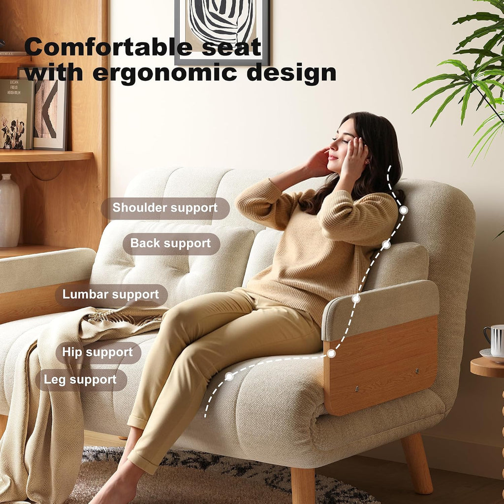 Convertible Chair Bed, Futon Sofa Bed Sleeper Chair with Solid Wood Leg and Storage Pocket, Linen Fabric Sofa Couch Guest Bed for Living Room, Bedroom, Office, Apartment (43.31)