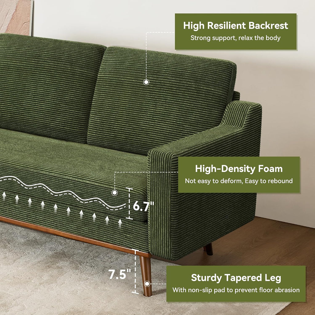 65.4' Loveseat Sofa,Comfy Green Corduroy Love Seat Couches for Living Room,Mid Century Modern Small Couch for Bedroom Office with Spring Cushion,Solid Wood Frame,Tool-Free Assembly