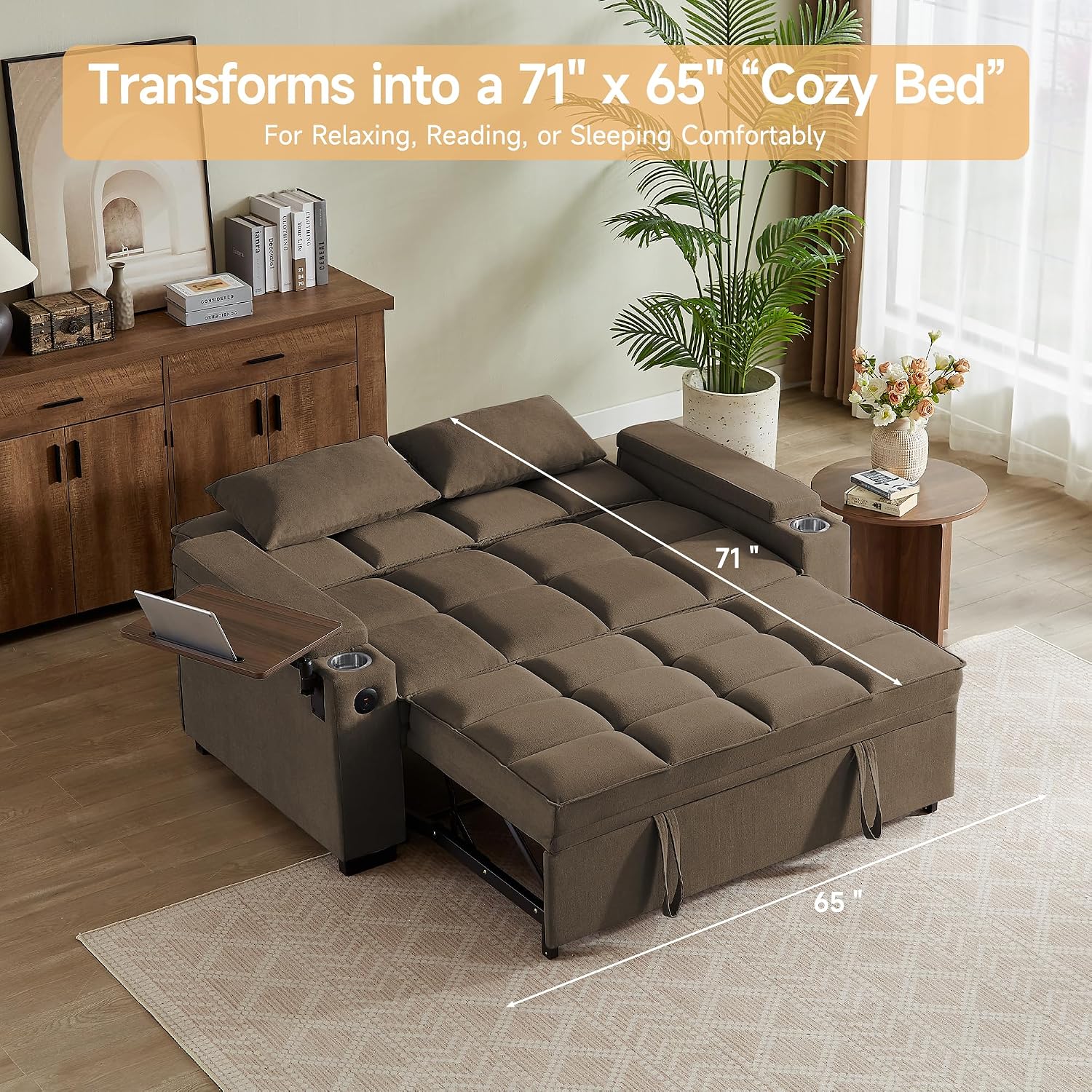 hansones 65'' 3-in-1 Folding Convertible Sofa Bed, Pullout Sofa, Modern Chenille Fabric, 360° Swivel Side Table, Easy Assembly, Perfect for Living Room(ZY-1107A-Brown)