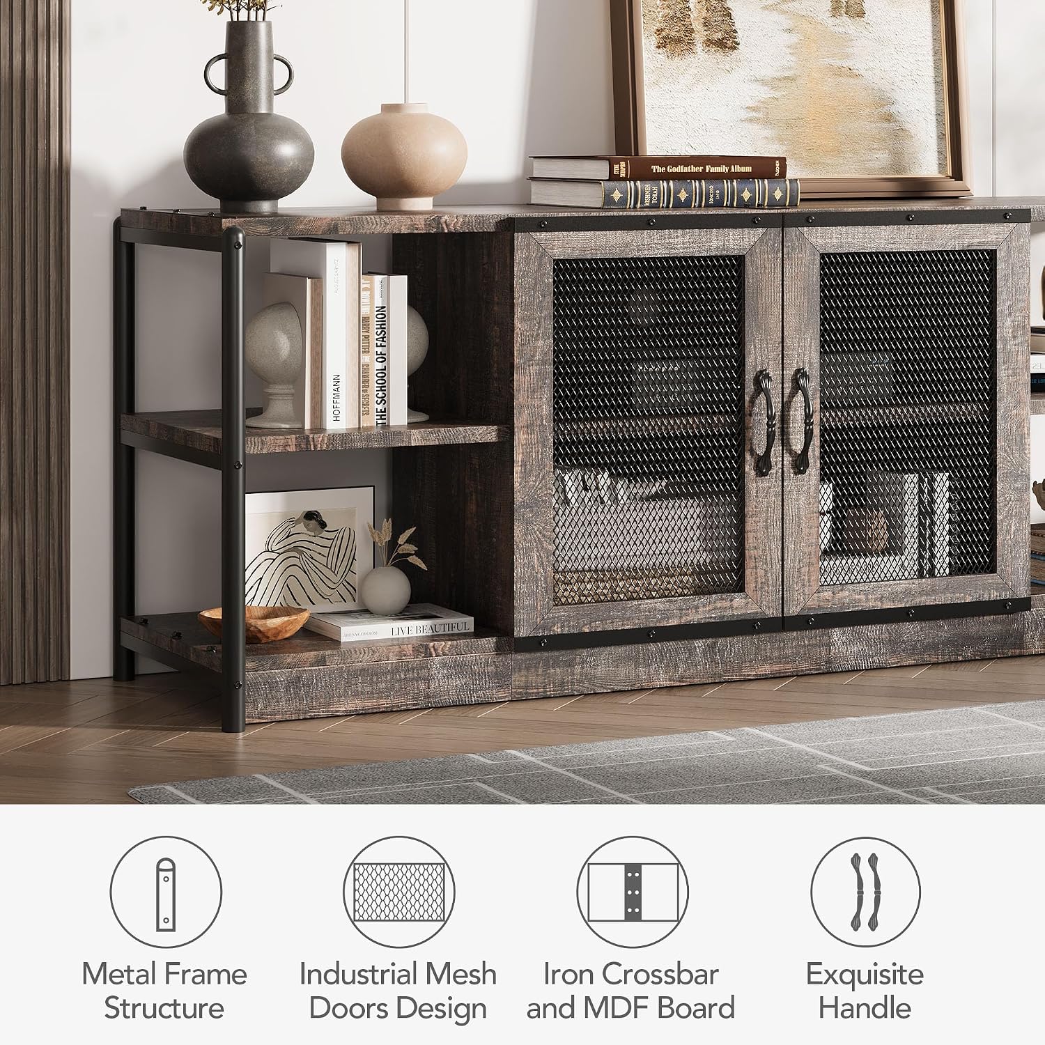 Garvee TV Stand for 65+ Inch TV, Industrial Entertainment Center with 4 Shelfs, Farmhouse TV Cabinet with 2 Doors for Living Room