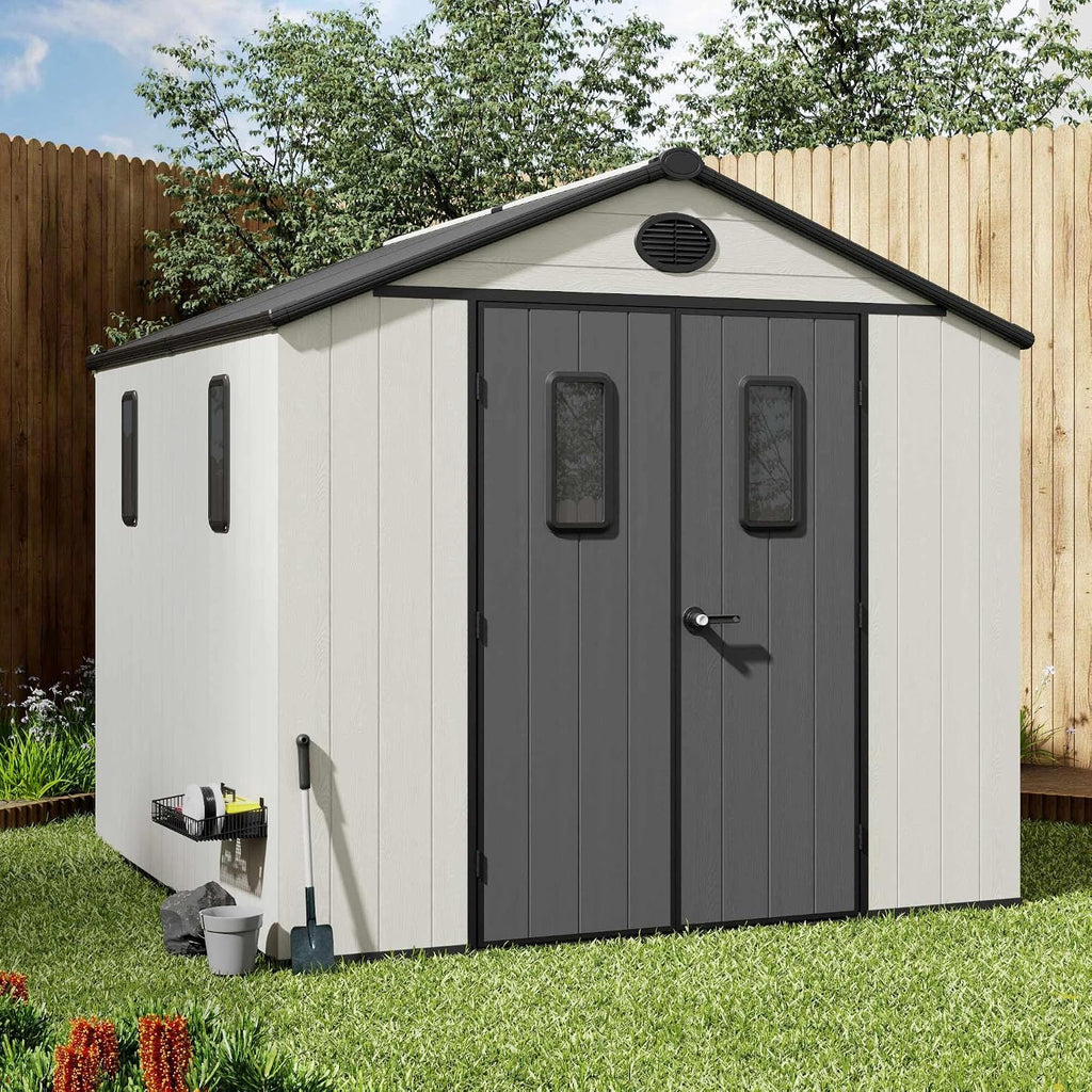8' x 8' Outdoor Resin Storage Shed with Floor,Galvanized Metal Waterproof Garden Shed with Lockable Door, Windows, Vents, Plastic Tool, Bike Storage for Patio Furniture, Lawn Mower