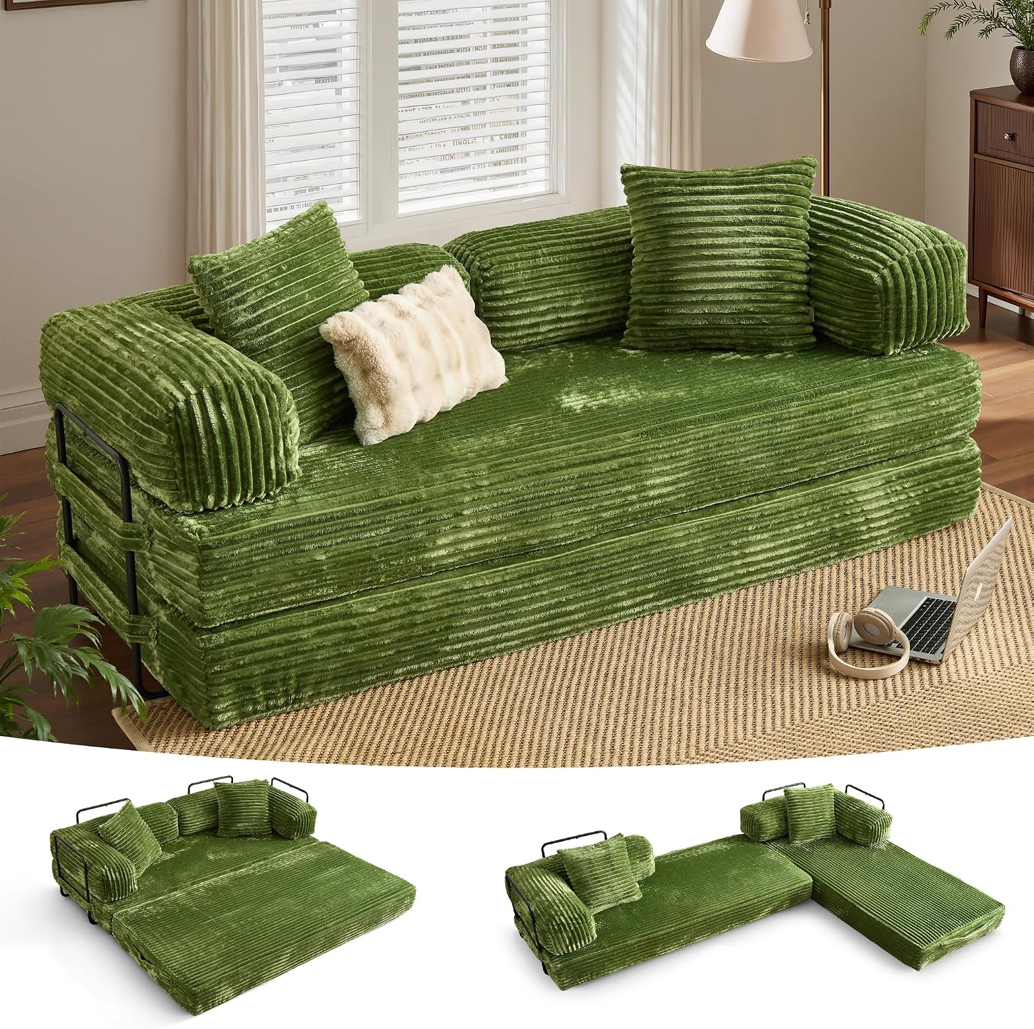 ovios 81' Folding Sofa Bed, Foldable Sleeper Boneless Couch with Pull Out Beds, Modular Convertible Floor Futon Loveseat Lounger for Living Room (Faux Fur, Green)