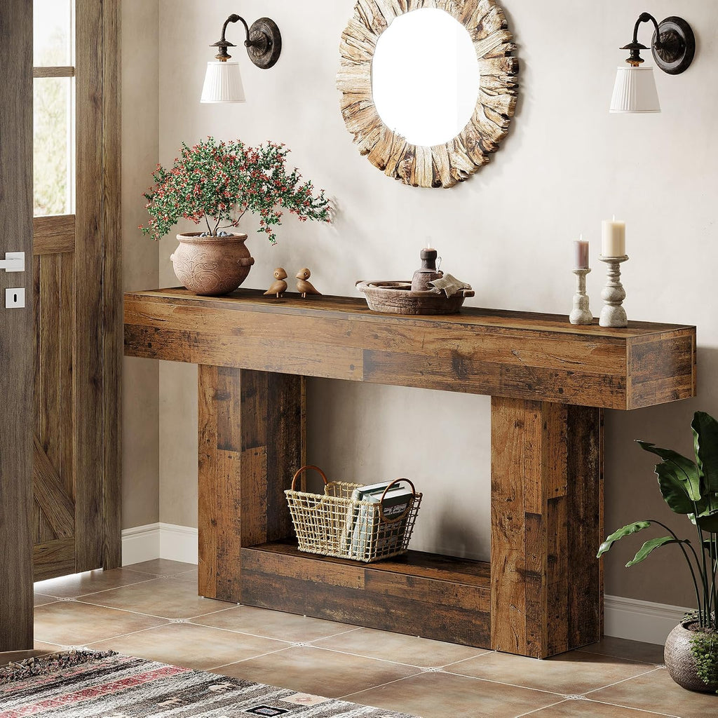 Tribesigns 63' Console Table, Farmhouse 2-Tier Entryway Table with U-Shaped Base, Narrow Long Wood Sofa Table Behind Couch Table for Living Room, Hallway, Foyer, Mix Brown