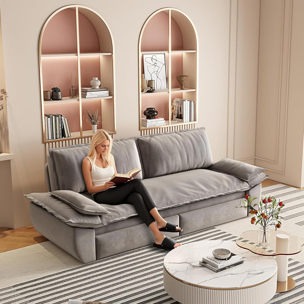 73.2' Sofa Bed Queen, 3-in-1 Pull Out Sofa Bed with Pillow Armrest, Modern Velvet Convertible Sleeper Futon Sofa for Living Room Small Space, Apartment, Bedroom, Grey