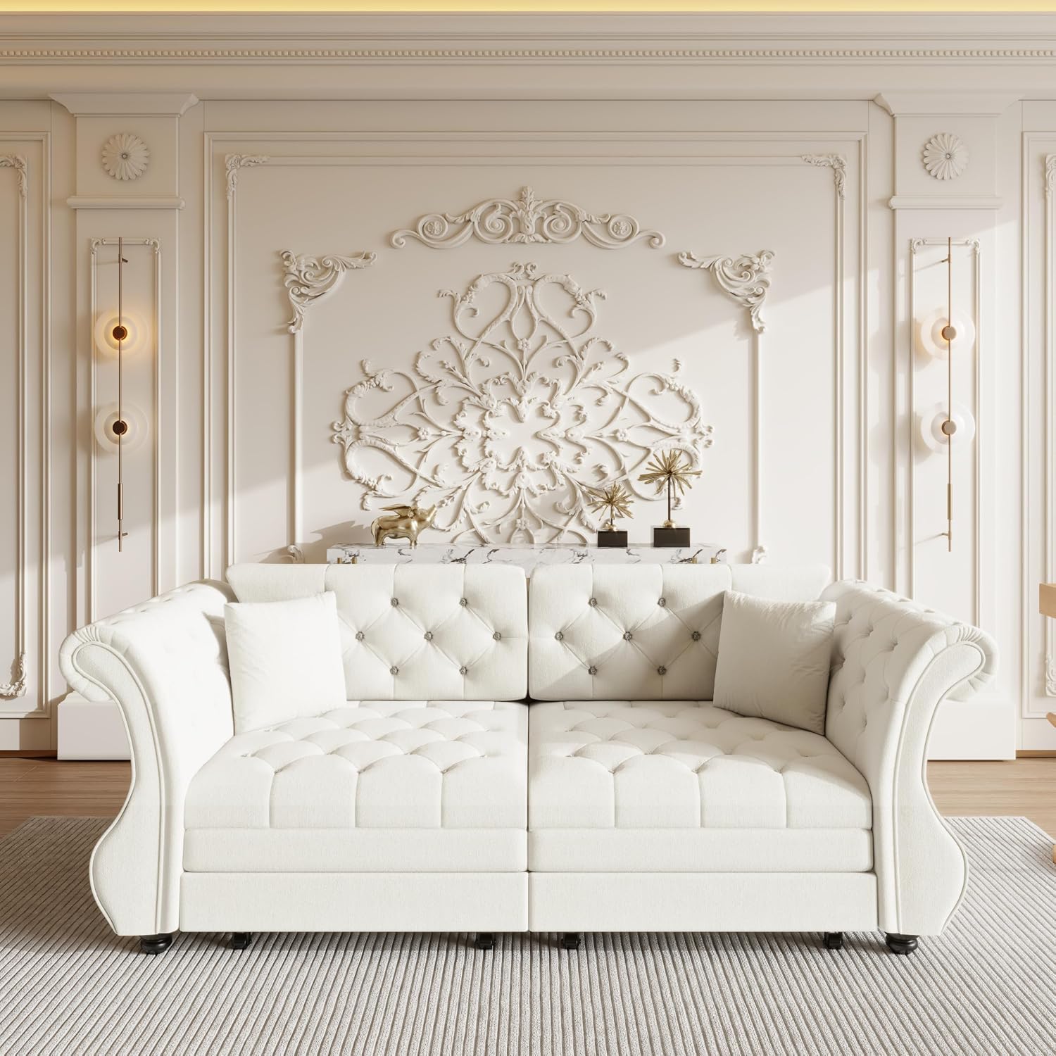 83.8'' Sleeper Sofa Bed Queen Size, Velvet Chesterfield Pull Out Couch, Flower Tufting Convertible Sofa, Comfy Loveseat, Modern Futon Couches, 2 Pillows for Living Room, Apartment, Beige
