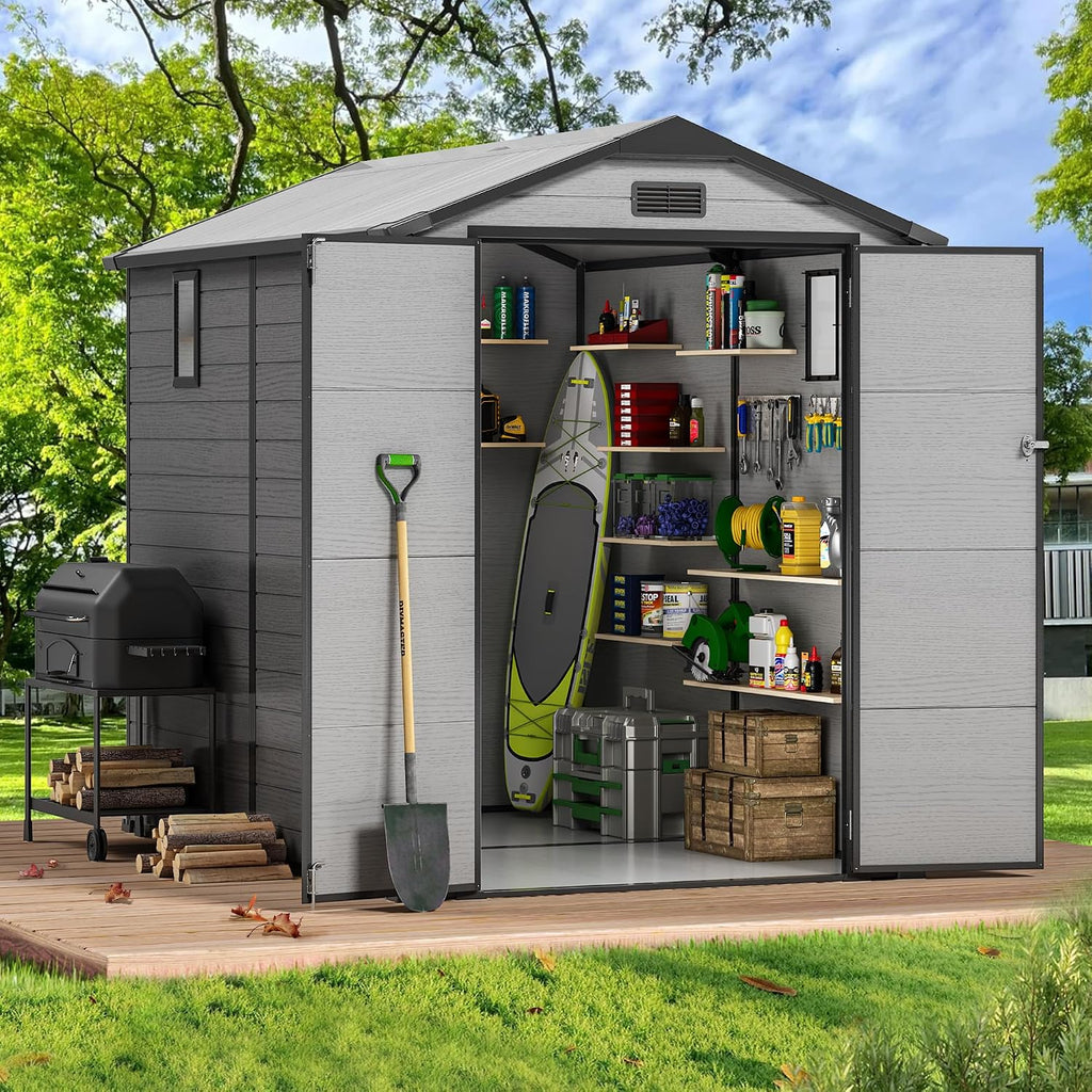 6X8 FT Plastic Outdoor Storage Shed, Double Door Tool Shed with Vent, Lockable Door with Key, Storing Patio Furniture, Gardening Tools, and Bicycle Accessories
