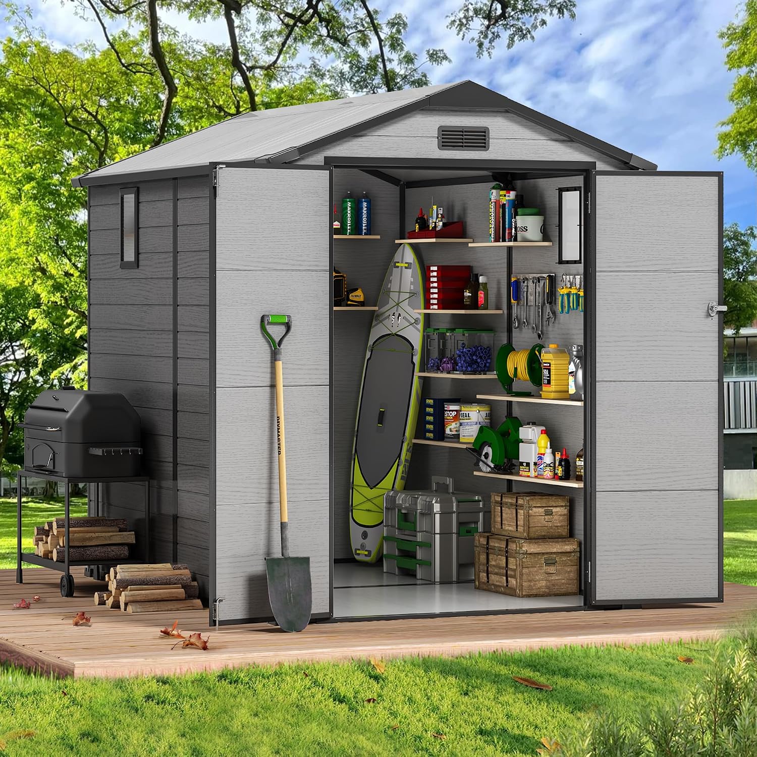 6X8 FT Plastic Outdoor Storage Shed, Double Door Tool Shed with Vent, Lockable Door with Key, Storing Patio Furniture, Gardening Tools, and Bicycle Accessories