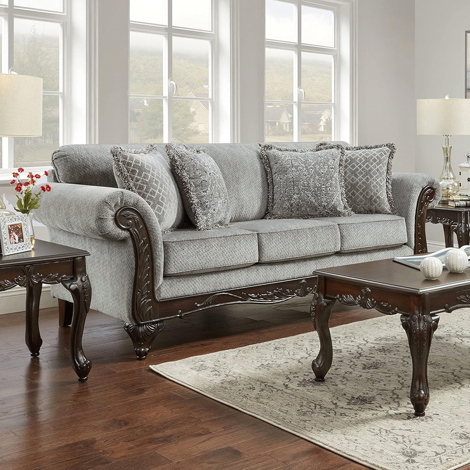 Hernen Carved Wood Frame Sofa, Gray