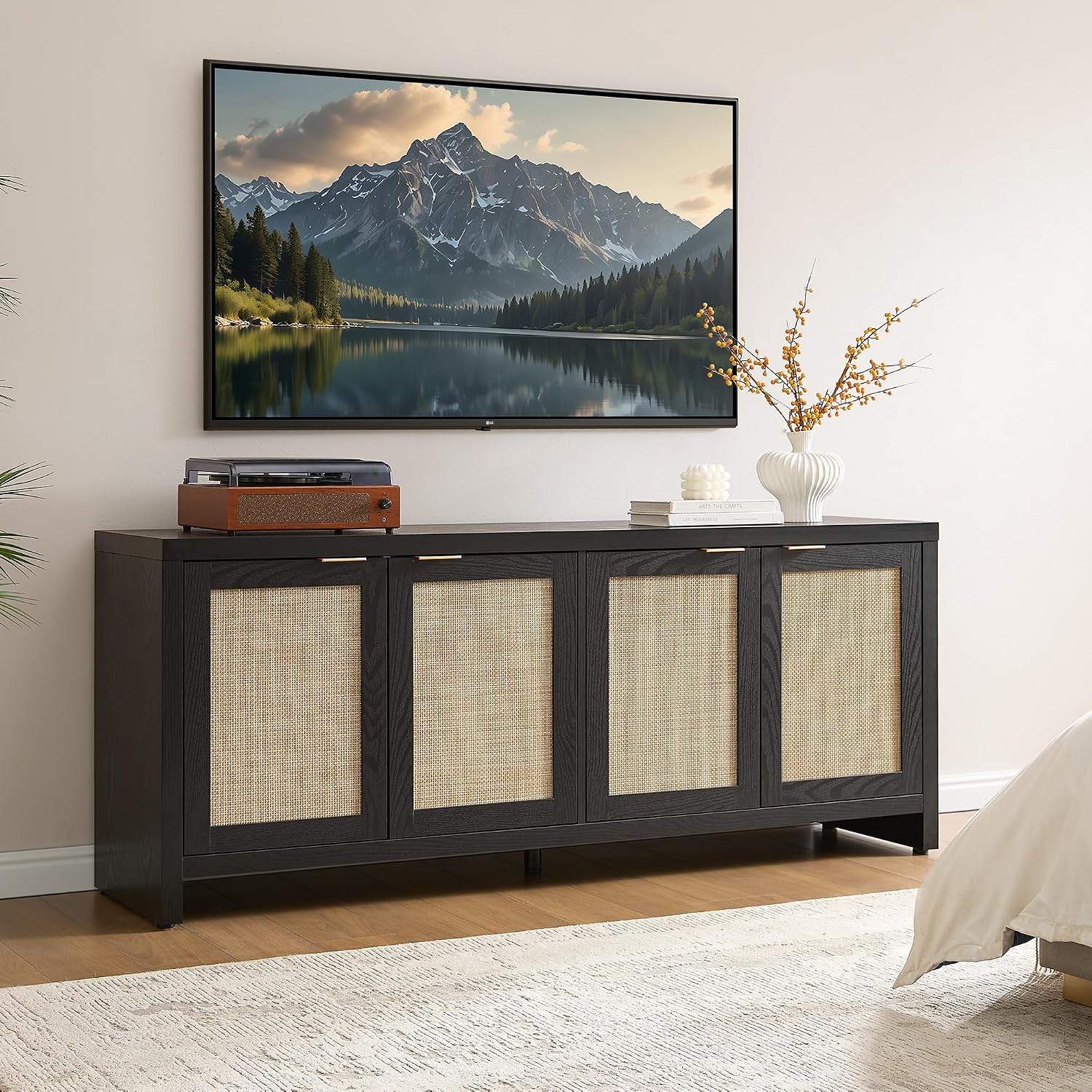 SICOTAS TV Stand for Living Room Boho Entertainment Center for Bedroom with 4 Rattan Cabinets Farmhouse Television Stands with Storage Large Media Console Table for TVs up to 65 Inch