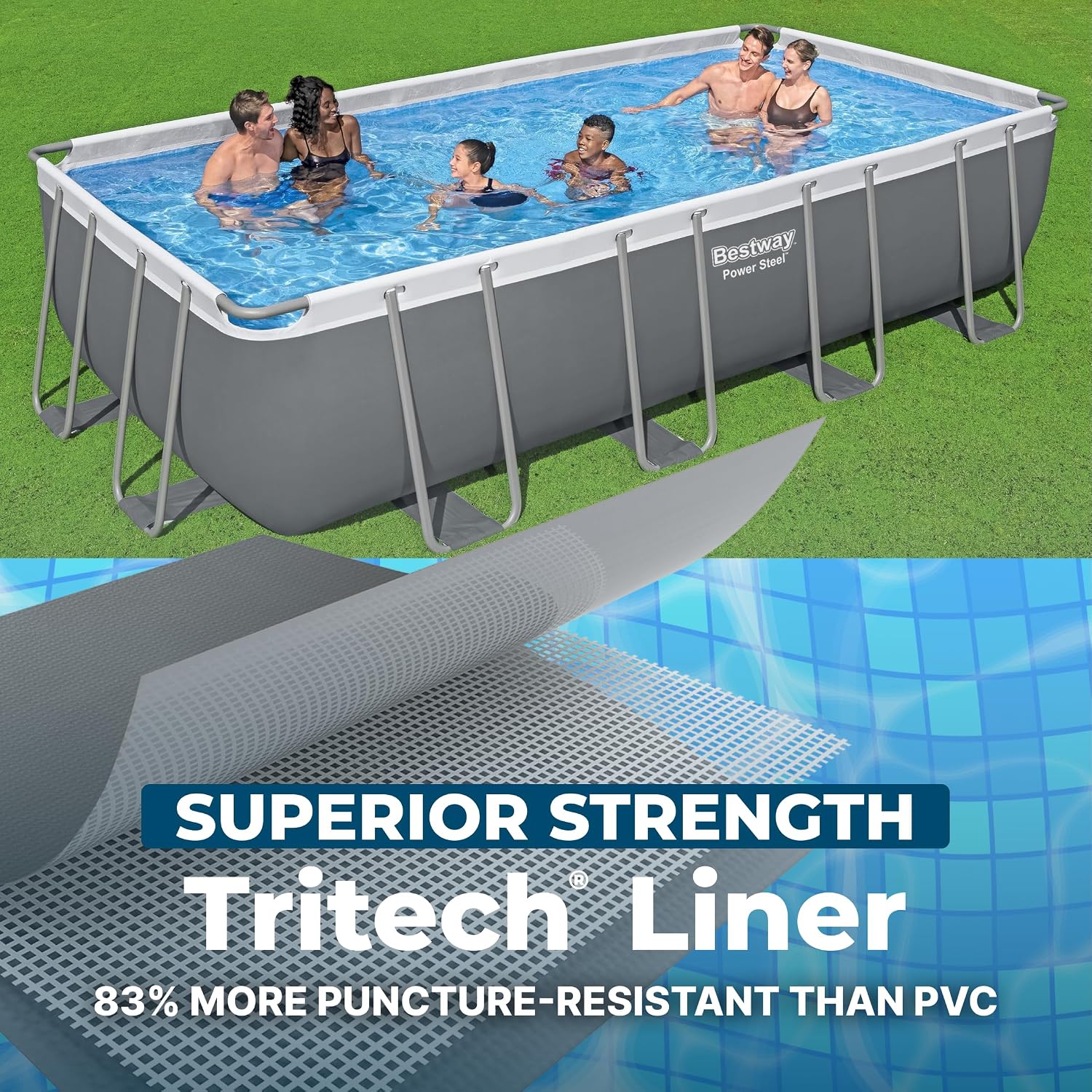 Bestway Power Steel 18' x 9' x 48' Above Ground Pool, Rectangular Metal Frame Outdoor Swimming Pool Set with Sand Filter Pump, Ladder, and Cover
