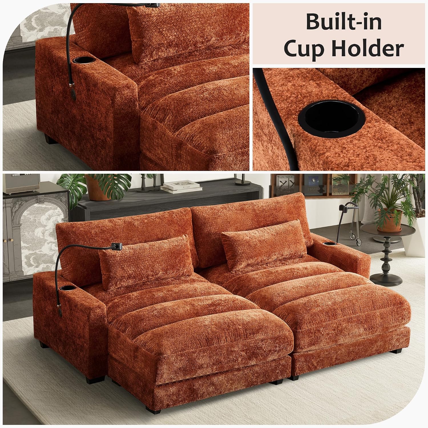 Yoglad Oversized Recliner Lounge Chair Set of 2 with USB Charging & Phone Holder - 400lb Heavy Duty Soft Chenille Reading Chair for Adults, Perfect for Small Spaces in Bedroom/Living Room, Orange