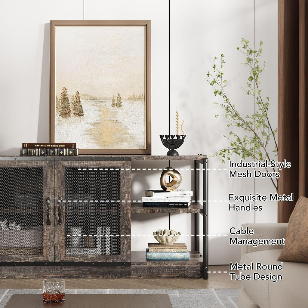 Garvee TV Stand for 65+ Inch TV, Industrial Entertainment Center with 4 Shelfs, Farmhouse TV Cabinet with 2 Doors for Living Room