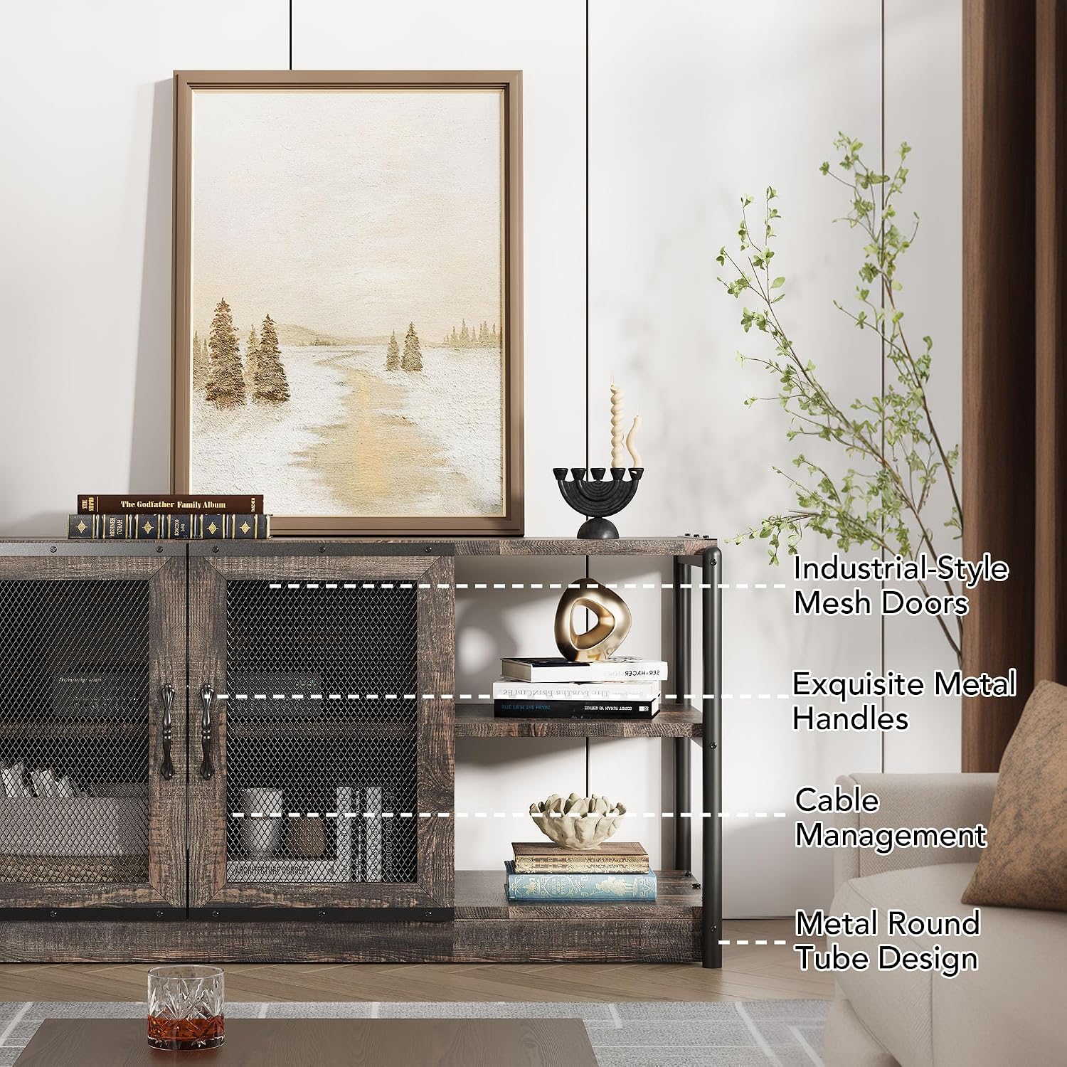 Garvee TV Stand for 65+ Inch TV, Industrial Entertainment Center with 4 Shelfs, Farmhouse TV Cabinet with 2 Doors for Living Room