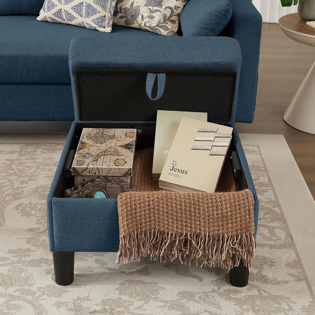 101' Convertible Sectional Sofa, Modern Linen Fabric U-Shaped Couch with 2 Storage Ottomans and Storage Pocket, 4 Seat Sofa Couches for Living Room, Apartment, Office, Blue