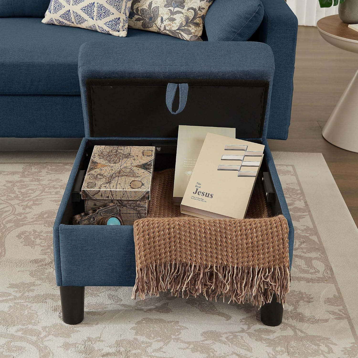 101' Convertible Sectional Sofa, Modern Linen Fabric U-Shaped Couch with 2 Storage Ottomans and Storage Pocket, 4 Seat Sofa Couches for Living Room, Apartment, Office, Blue