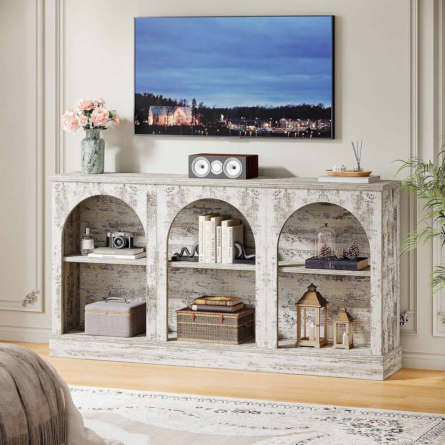 Tribesigns TV Media Consoles for Living Room, Farmhouse Entertainment Center with Storage Cabinets, Modern Television Stand for Bedroom, Distressed White