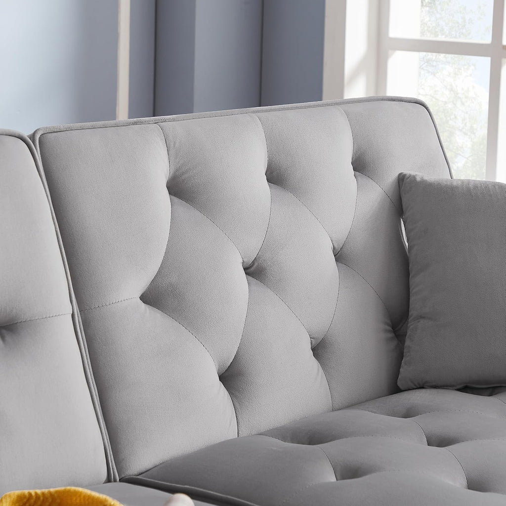 hansones 69.6' Velvet Tufted Sofa Couch, Copper Nail Decoration Accent Sofa with Metal Legs, 2 Pillows & Nailhead Trim, Convertible Futon Couch Sleeper Sofa Loveseat Futon Sofa Bed for Living Room