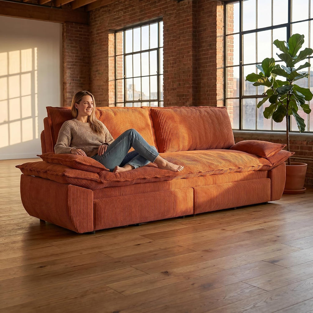 73.2' Sofa Bed Queen, 3-in-1 Pull Out Sofa Bed with Pillow Armrest, Modern Corduroy Convertible Sleeper Futon Sofa for Living Room Small Space, Apartment, Bedroom, Orange