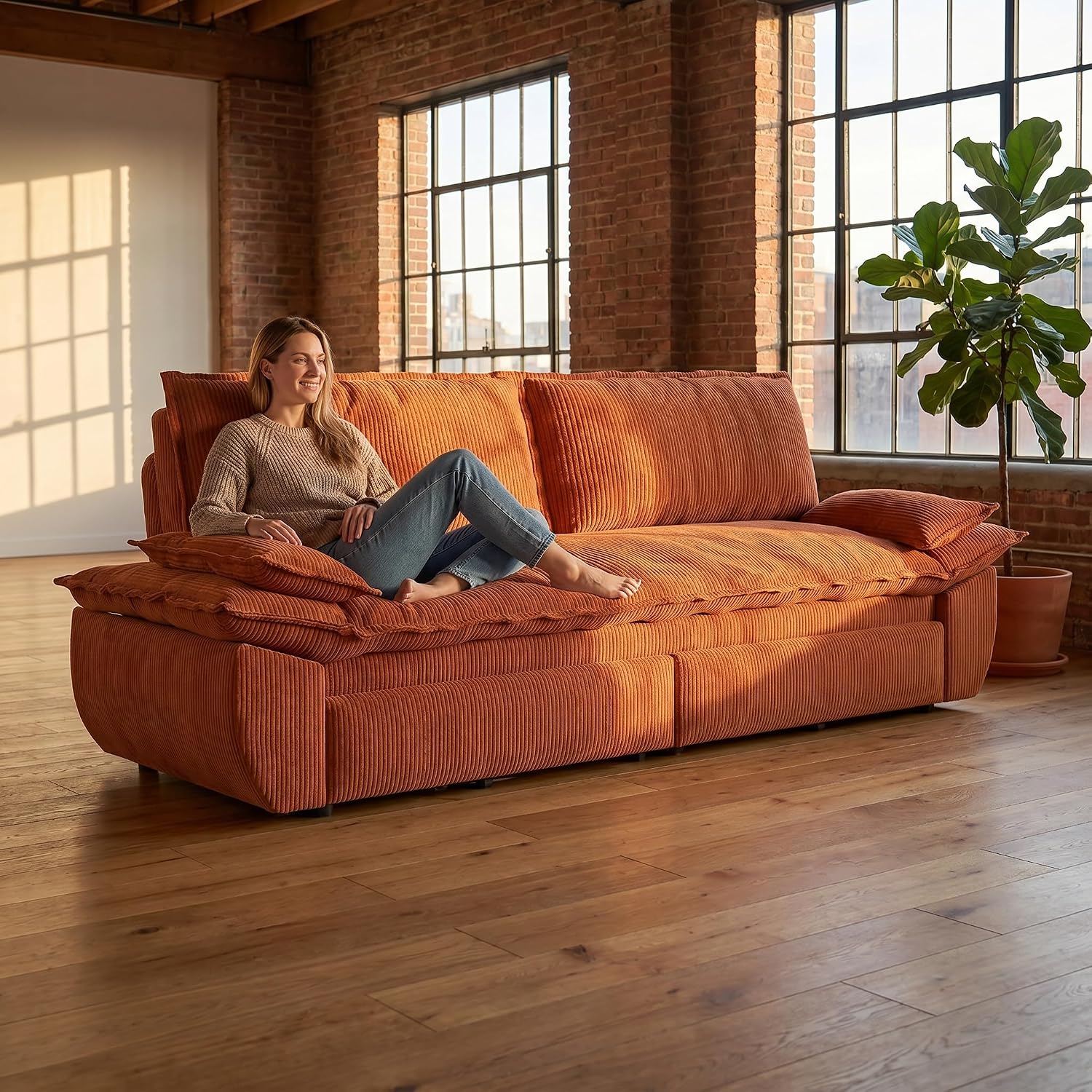 73.2' Sofa Bed Queen, 3-in-1 Pull Out Sofa Bed with Pillow Armrest, Modern Corduroy Convertible Sleeper Futon Sofa for Living Room Small Space, Apartment, Bedroom, Orange