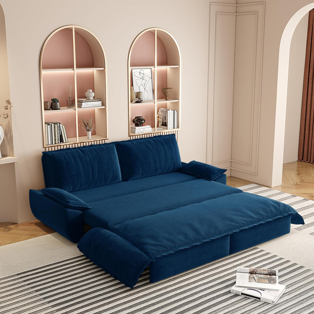 3-in-1 Convertible Sofa Bed Queen Size Pull Out Sleeper Sofa with Heavy Duty Metal Frame, Luxurious Velvet Upholstered Loveseat with 2 Pillows, Modern Folding Guest Bed for Living Room, Apartment | Removable Cushions