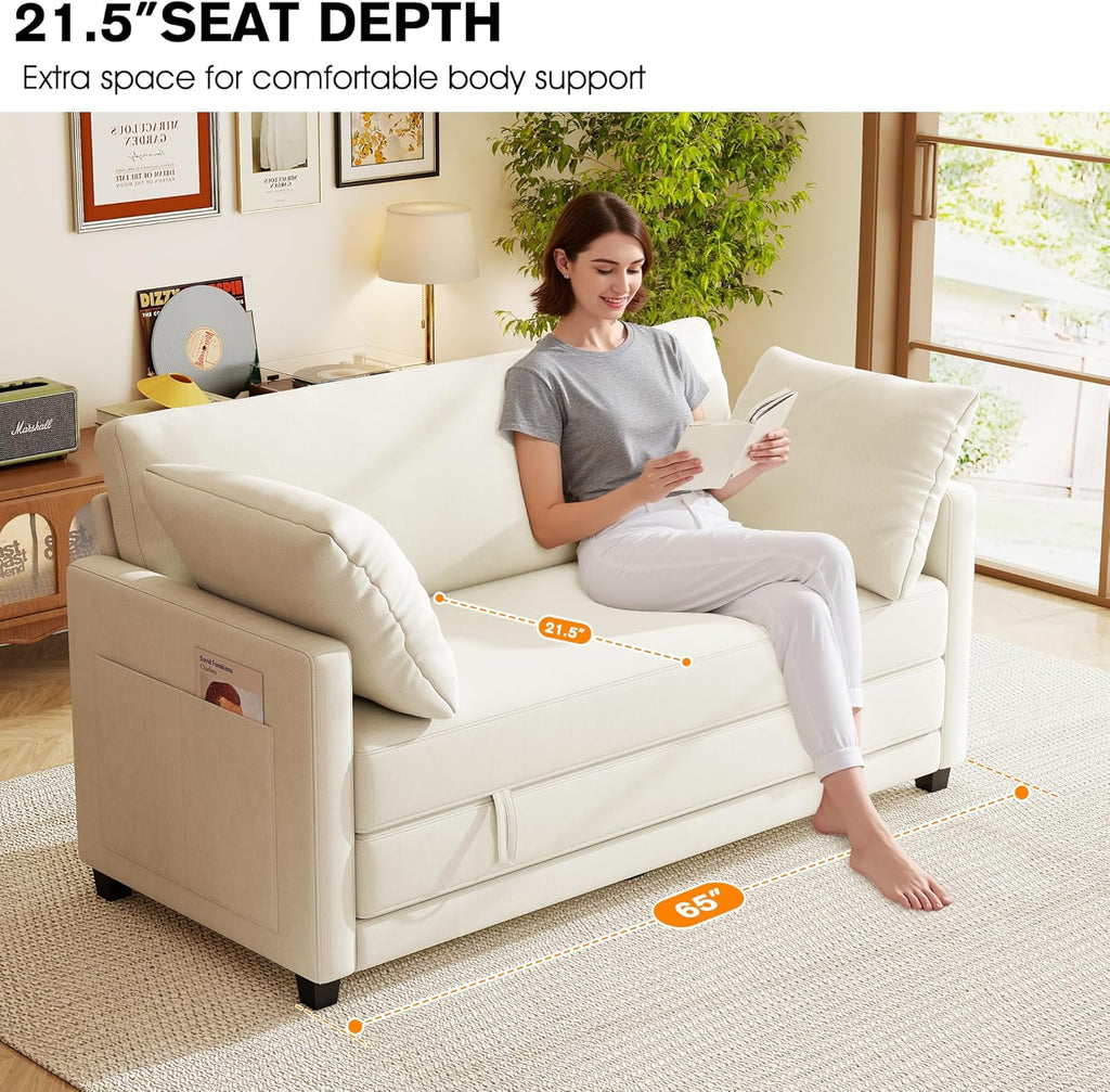 65' Loveseat Sleeper Sofa Bed, Chenille Convertible Sofa Bed for Small Spaces, Folding Couch Bed with Deep Seat, Solid Frame, Pull Out Floor Couches for Living Room, Beige