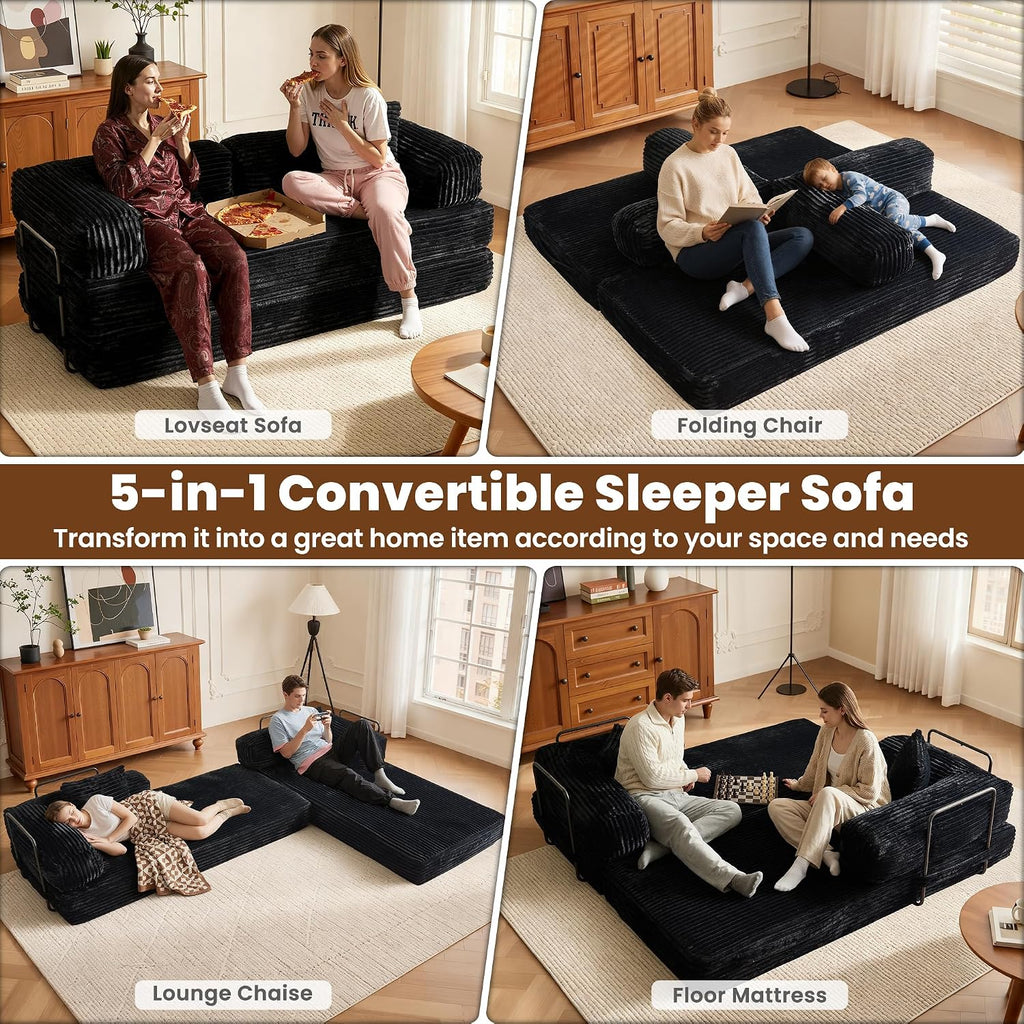 ovios 81' Folding Sofa Bed, Foldable Sleeper Boneless Couch with Pull Out Beds, Modular Convertible Floor Futon Loveseat Lounger for Living Room (Faux Fur, Black)