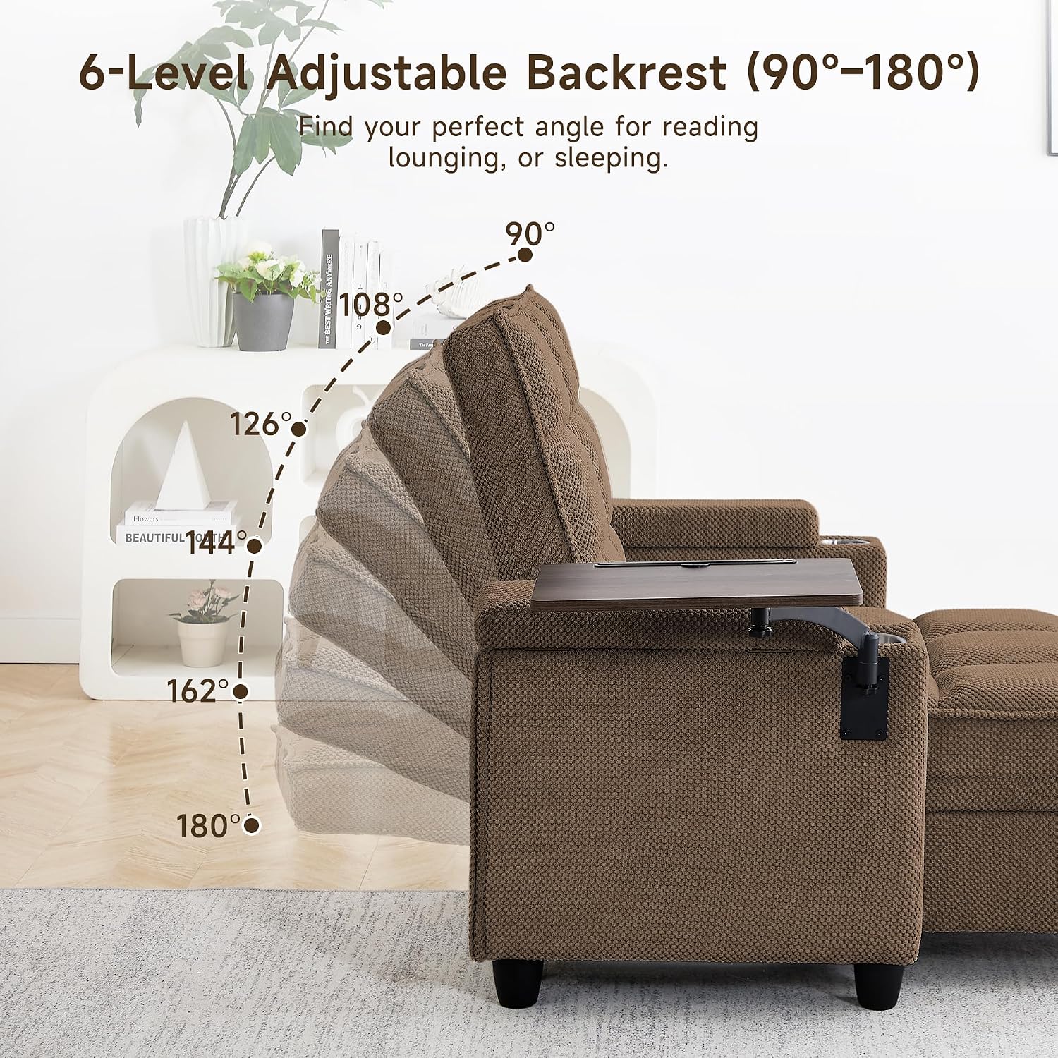41.7' Oversized Chaise Lounge Chair Indoor, Boucle Upholstered Sofa Bed with Adjustable Backrest, Deep Seat Reading Chair, Sofas Couches for Living Room, Storage, Cup Holders & 360° Swivel Side Table