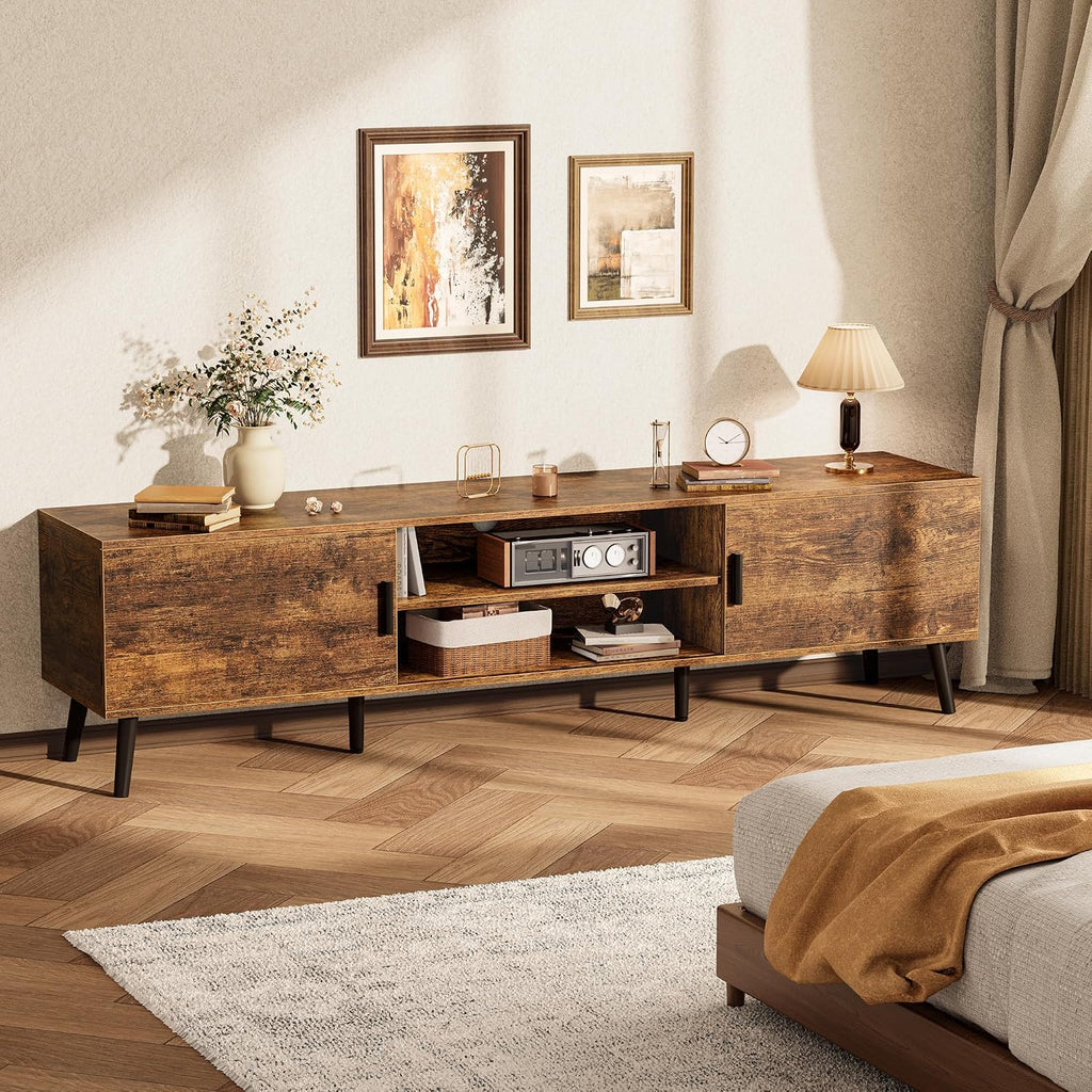 SUPERJARE 70.9 Inch TV Stand for 65, 75 Inch TV, Entertainment Center with Adjustable Shelf, 2 Cabinets, TV Console Table, Media Console, Solid Wood Feet, Cord Holes, for Living Room, Rustic Brown