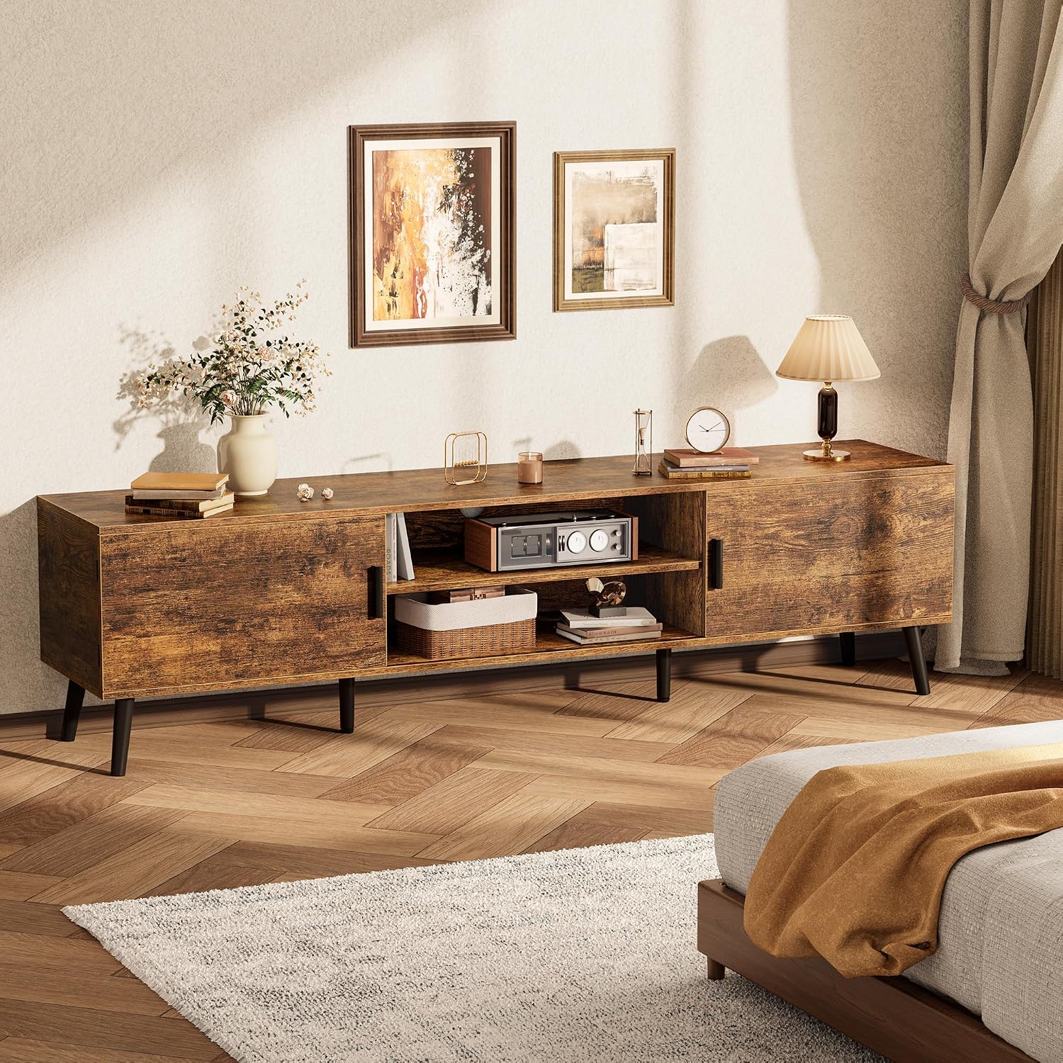 SUPERJARE 70.9 Inch TV Stand for 65, 75 Inch TV, Entertainment Center with Adjustable Shelf, 2 Cabinets, TV Console Table, Media Console, Solid Wood Feet, Cord Holes, for Living Room, Rustic Brown