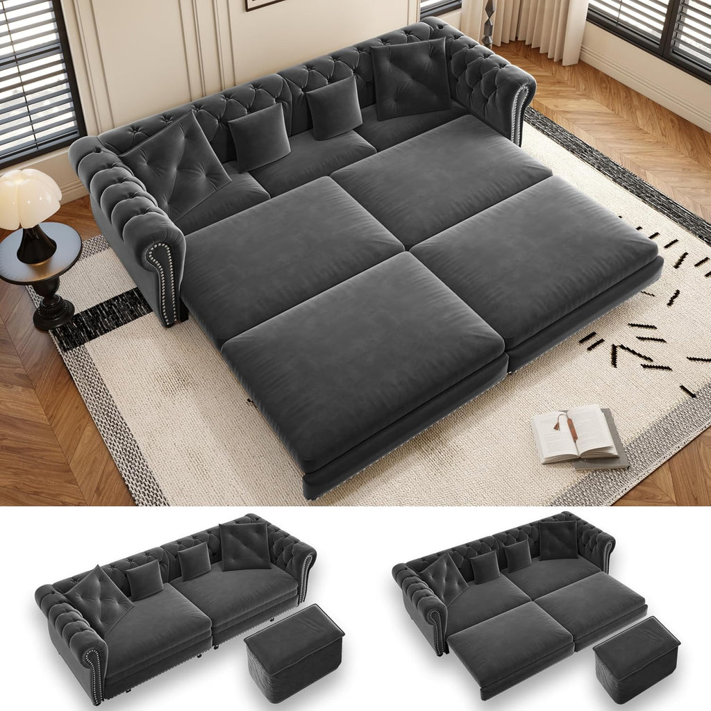 89' King Pull Out Sofa Bed, Velvet Chesterfield Sleeper Sofa Couch, 3 in 1 Convertible Tufted Futon Couches with Ottoman for Living Room, Small Space, Apartment, Office, Bedroom, Gray