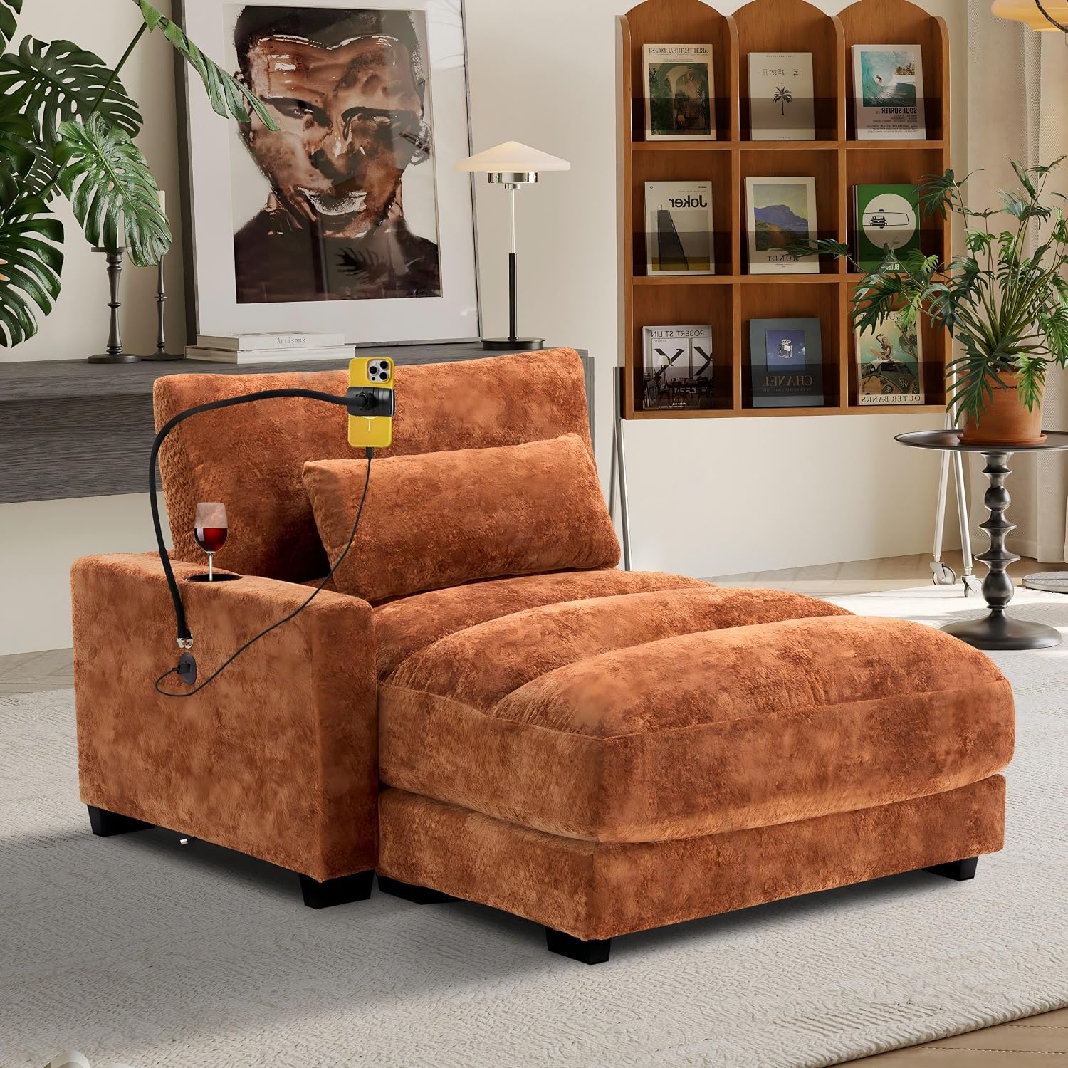 Yoglad Oversized Recliner Lounge Chair with USB Charging & Phone Holder - 400lb Heavy Duty Soft Chenille Reading Chair for Adults, Perfect for Small Spaces in Bedroom/Living Room, Orange