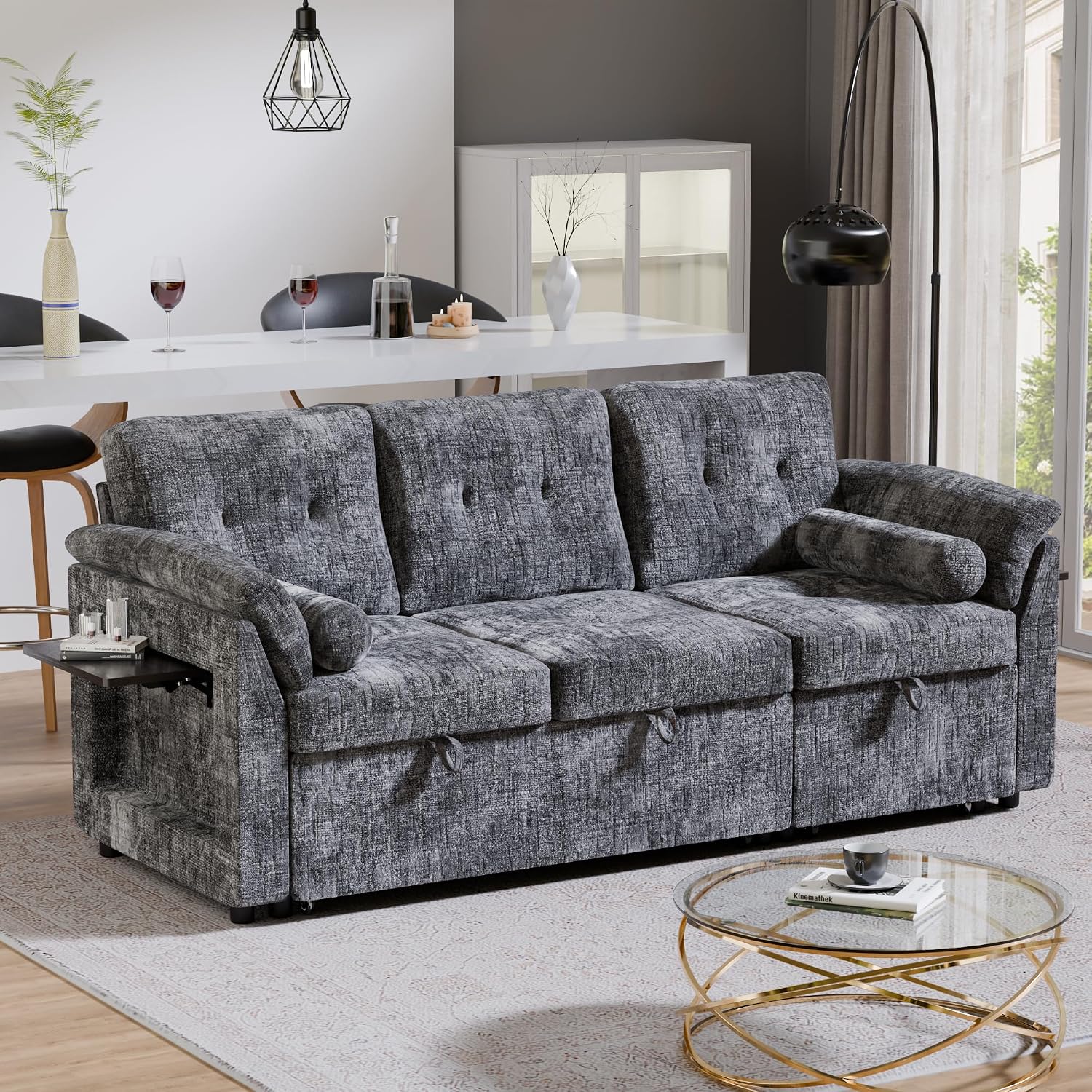 Convertible Sleeper Sofa Bed, 63 Inch Chenille Pull Out Couch with Side Table & Adjustable Backrest, Sectional Sleeper Sofa with Pull Out Bed for Living Room, Apartment, Gray